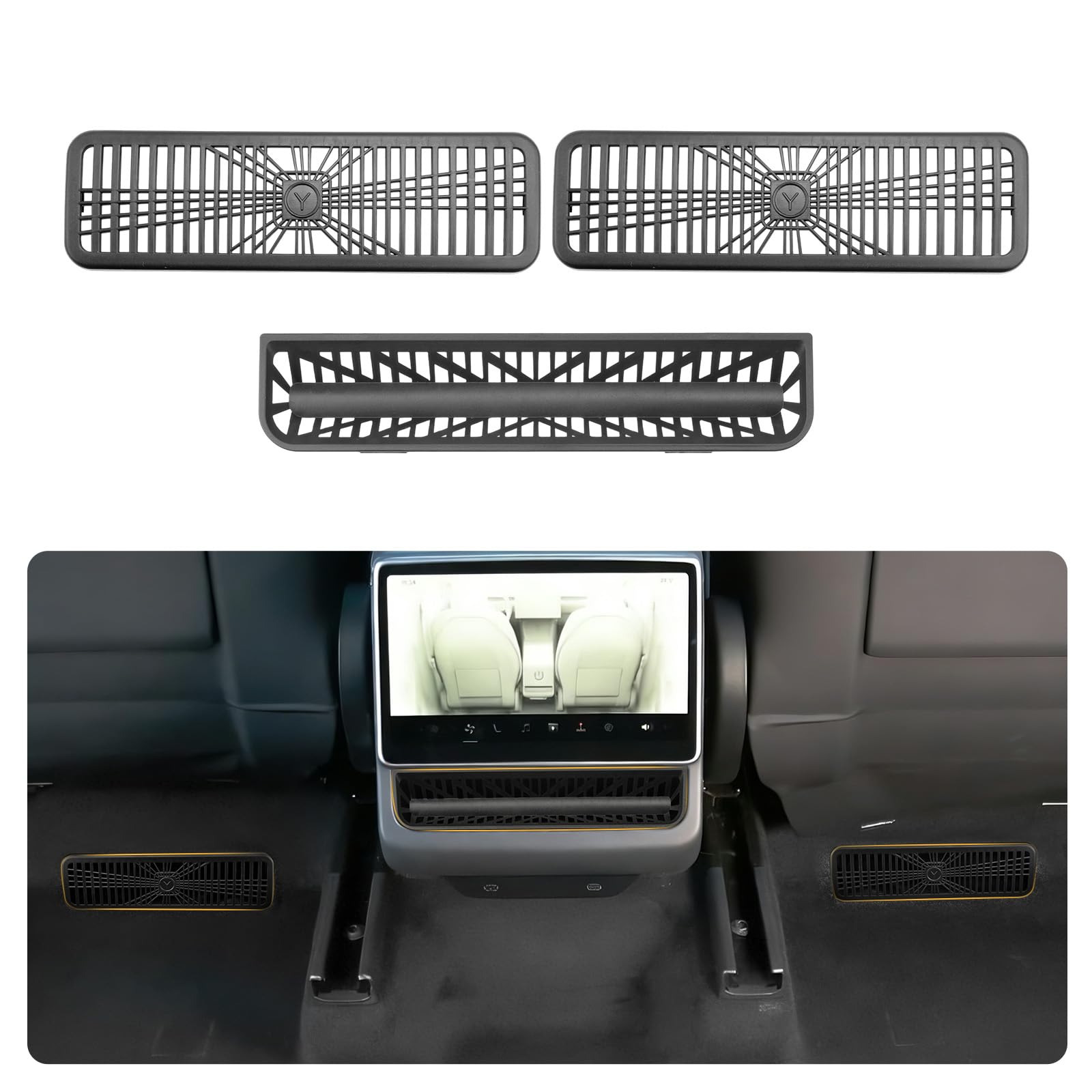 Set di 3 griglie di ventilazione YEE PIN per Tesla Model Y Juniper 2025 2026, protezione per aria condizionata posteriore ed bocchette d'aria sotto il sedile, accessorio Model Y per evitare corpi