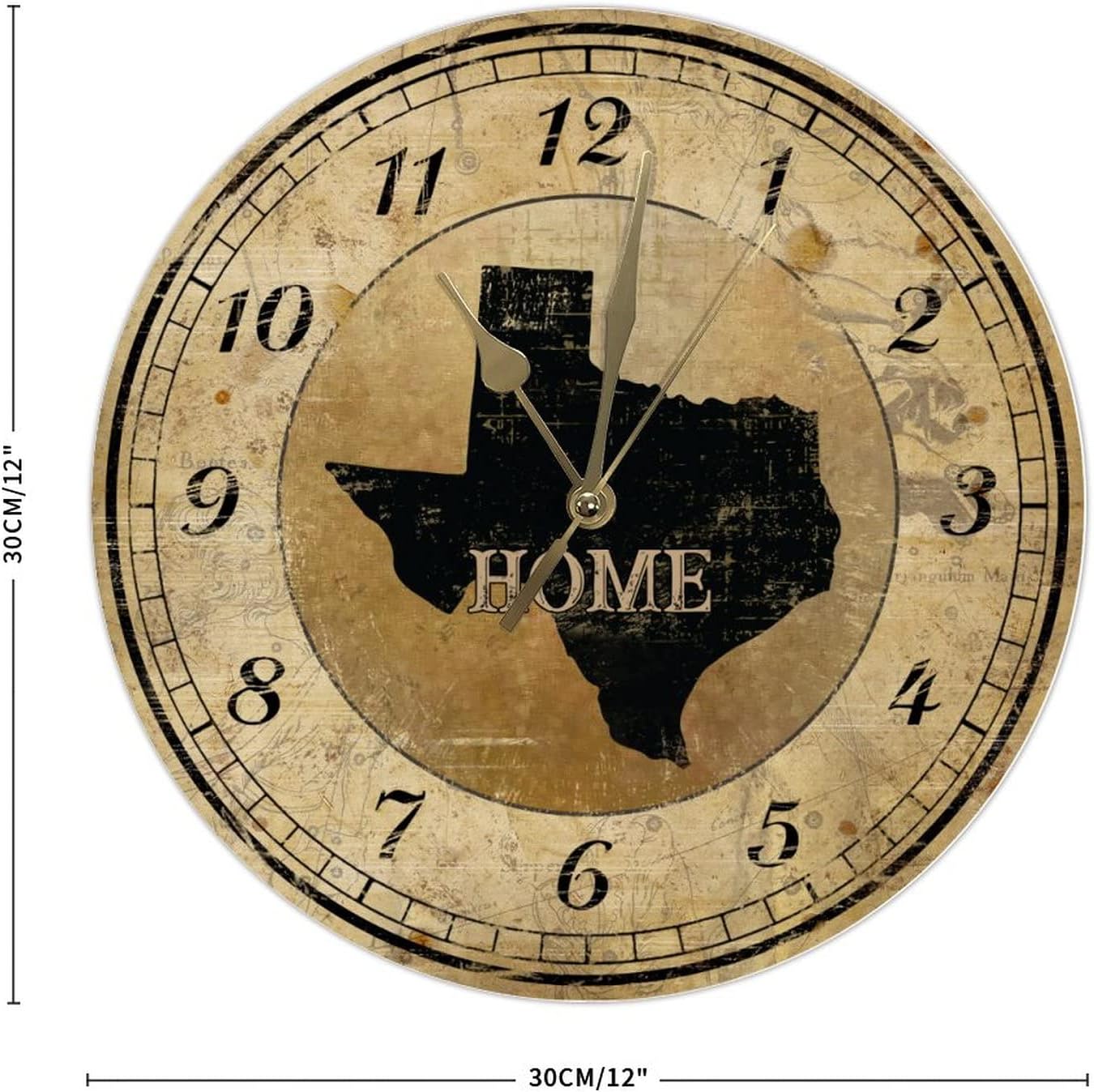 Vintage Texas State Map Wooden Clock Silent Non Ticking Battery Operated Wood Wall Clocks French Retro American State Home Wall Clock Vintage Retro 12inch Round Clock for Living Room Bedroom