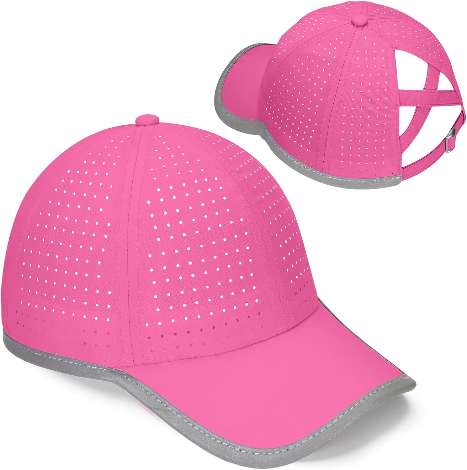 Girls Criss Cross Ponytail Hat Reflective Brim Baseball Cap Kids Quick Drying Laser Perforated Mesh Golf Hat Age 5-12