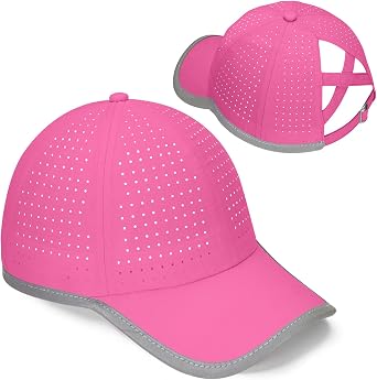 Girls Criss Cross Ponytail Hat Reflective Brim Baseball Cap Kids Quick Drying Laser Perforated Mesh Golf Hat Age 5-12