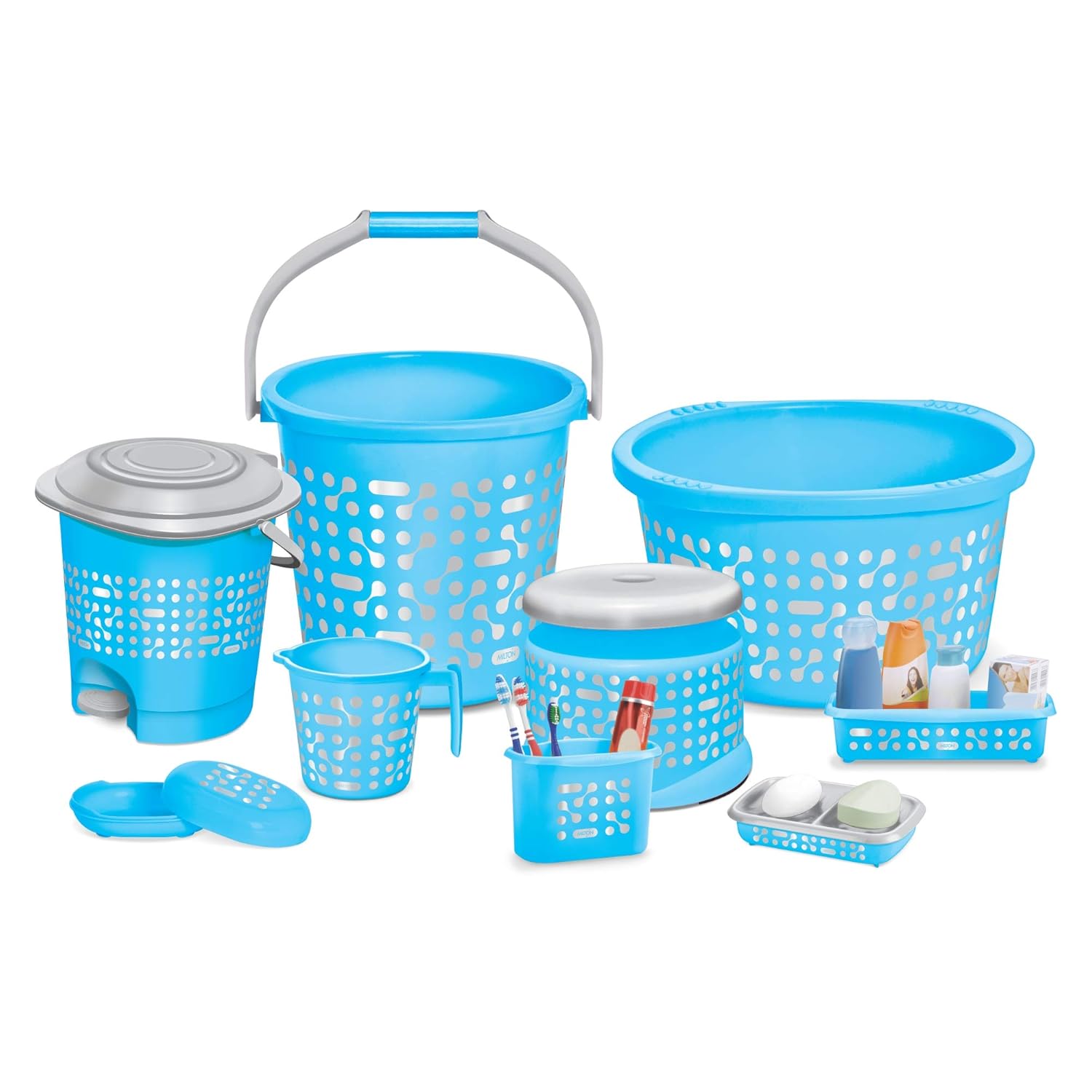 Milton Dumbells 9 Piece Plastic Bathroom Accessory Set, Blue Amazon