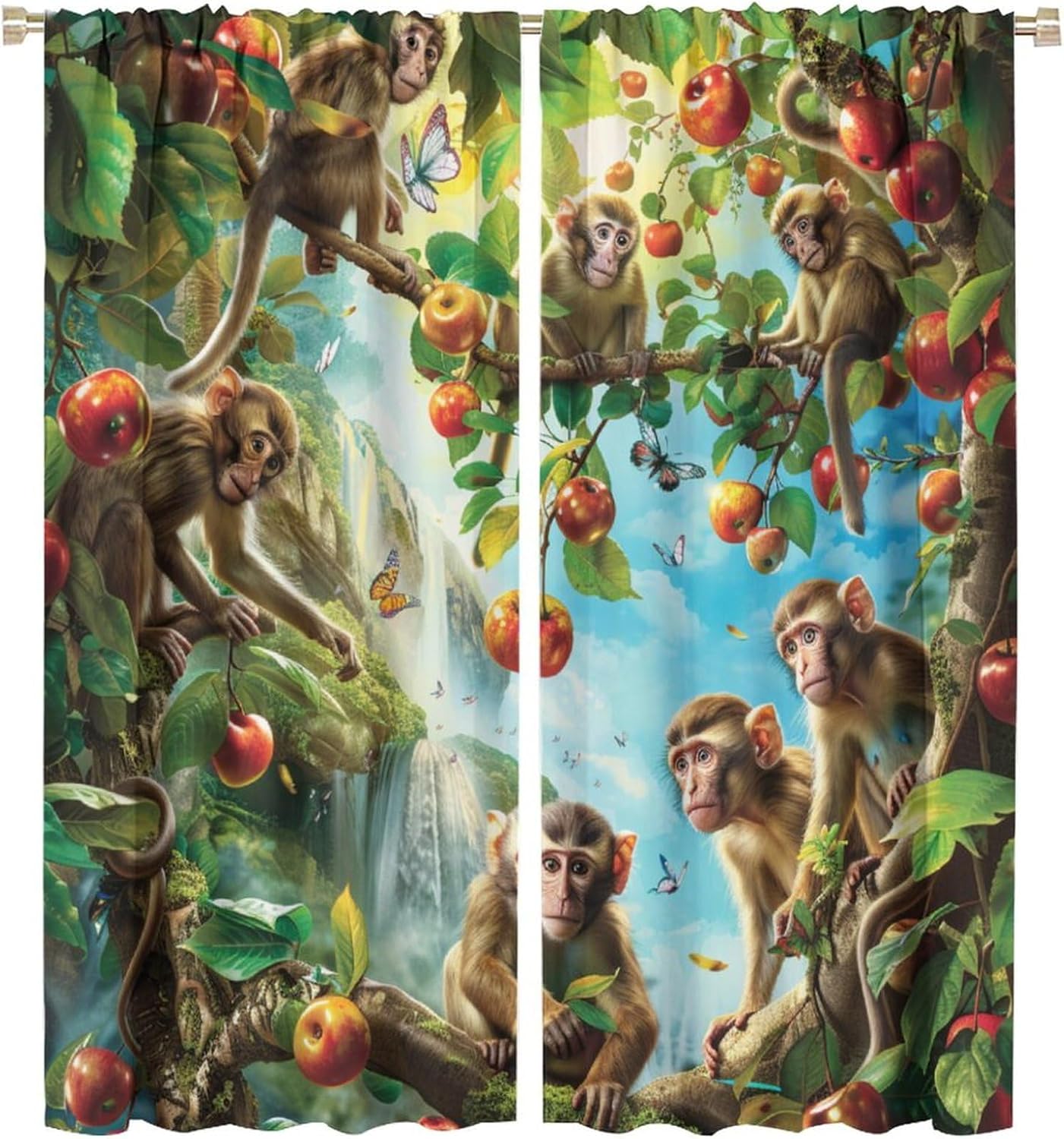 Funny Animal Fruit Tree Blackout Curtains, Cute Monkey Butterfly Forest Home Decor Rod Pocket Window Drapes for Living Room Bedroom- 2 Panels 55" W x 63" L