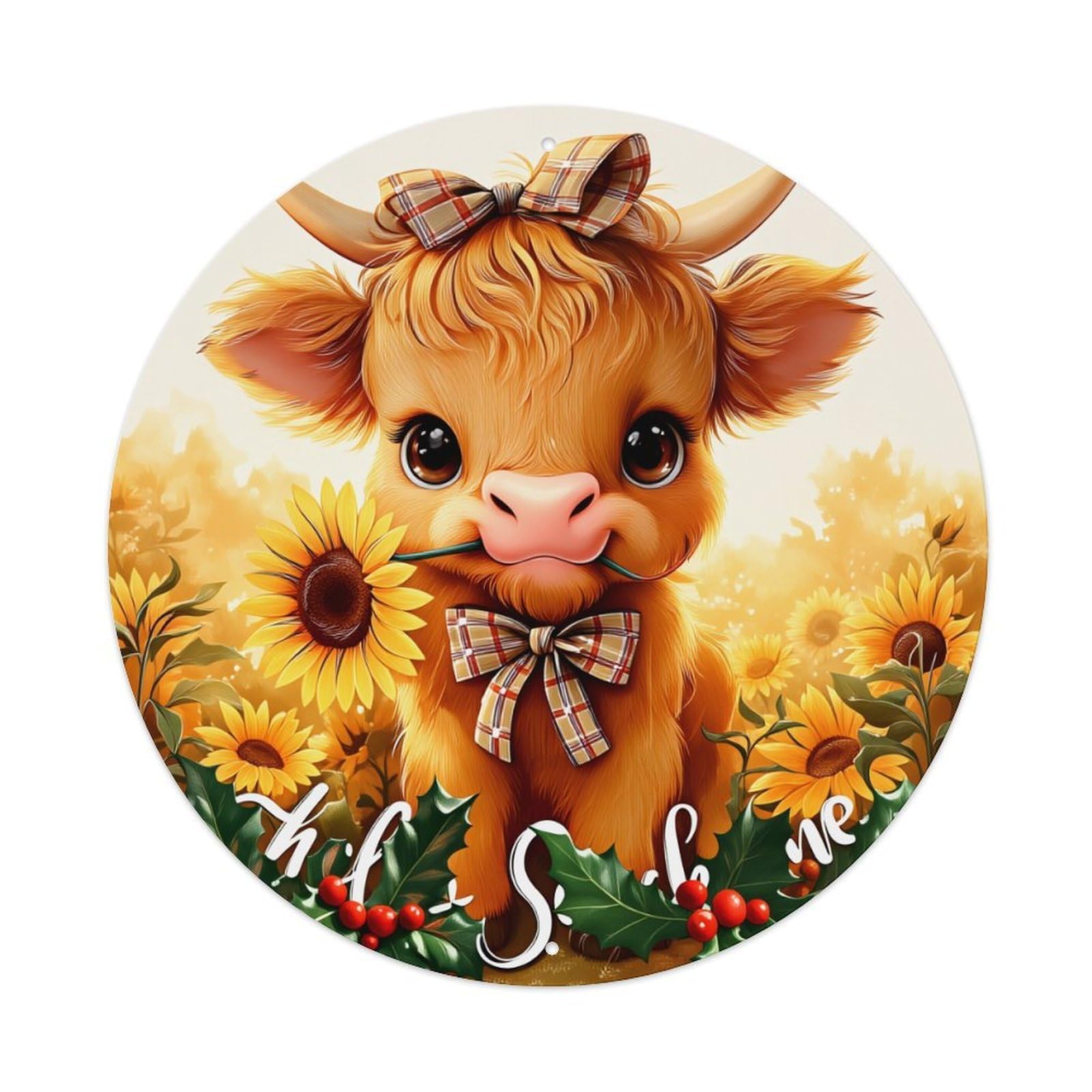 Cute Cow Sunflower Holiday Bow Retro Metal Tin Sign, Vintage Metal Poster for Bar, Home, Man Cave, Kitchen, Laundry Room Art Decor 8x8 Inch
