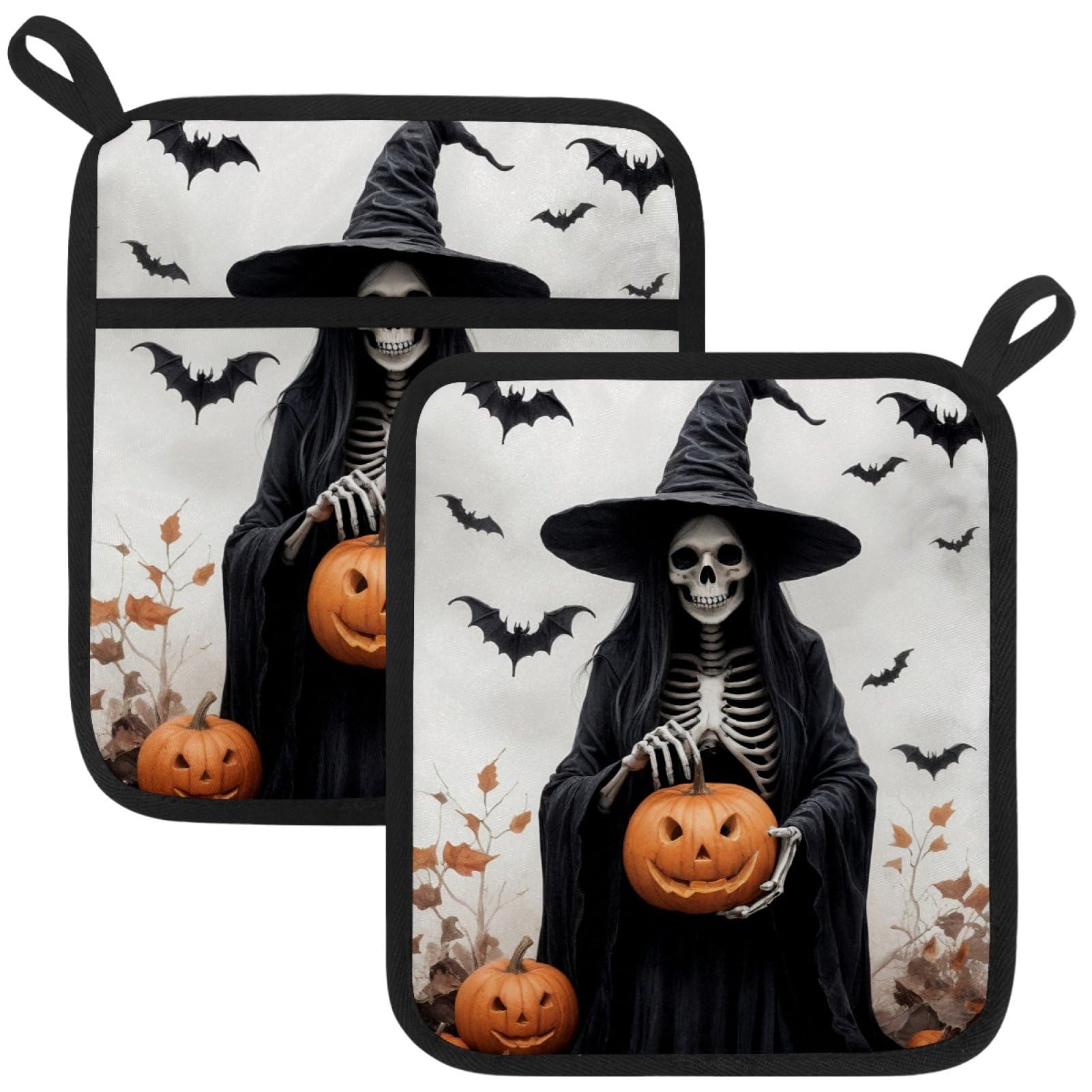 VAPOKF Witch Skull Pot Holders with Pocket for Kitchen Heat Resistant Potholders Large Polyester-Cotton Square Oven Mitts Set