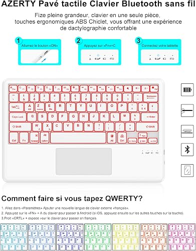 FOGARI French AZERTY Bluetooth Tablet Keyboard 12 Inches with Backlight Touchpad Lightweight Slim Keyboard for iPad Samsung Galaxy Redmi Xiaomi iPad Huawei iPad HonorPad FireHD White - 2