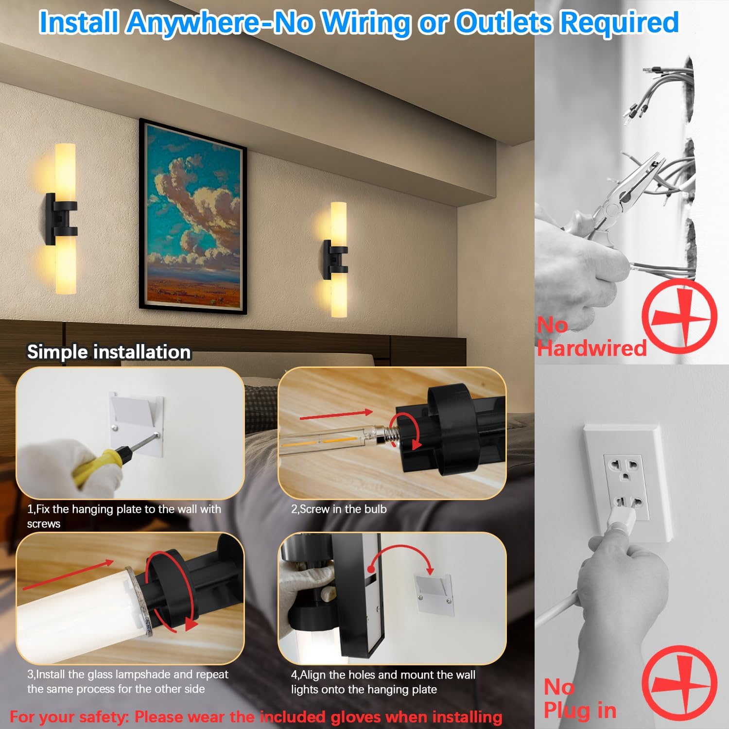 Rechargeable Wall Sconces Set of Two with Remote, Black Battery Operated Wall Sconce with Milky Glass, Sconces Wall Decor Set of 2 Wall Light Fixtures for Bedroom Bathroom Mirror Living Room