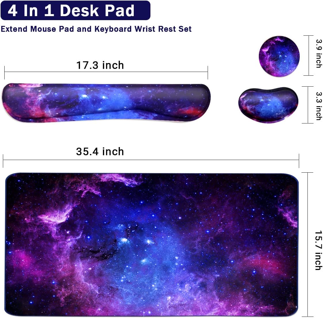 Large Mouse Pad and Keyboard Wrist Rest, Desk Pad for Keyboard and Mouse, 4-in-1 Large Gaming Mouse Pad with Wrist Support, Desk Mat for Home Office Study Game-Galaxy Fluid - Image 2