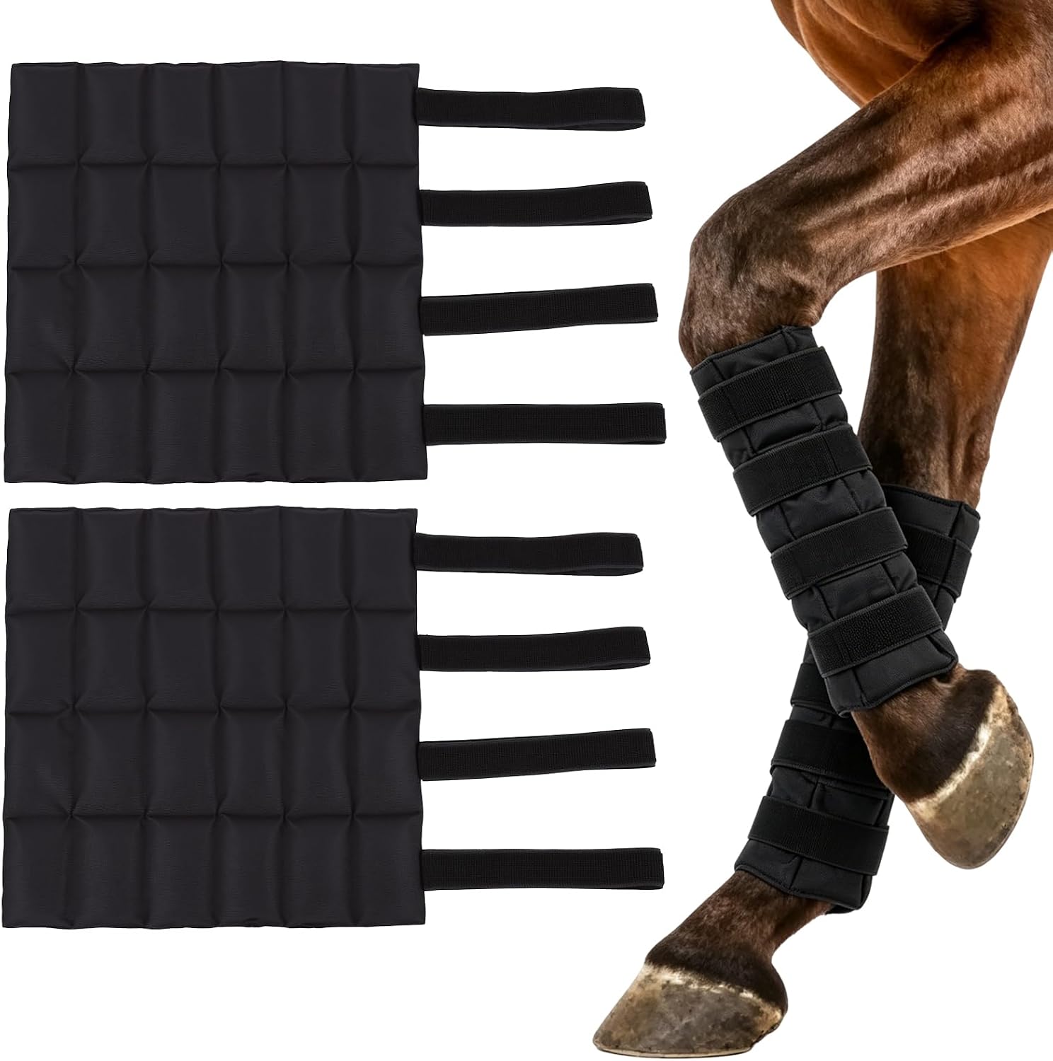 Horse Ice Leg Wraps Set of 2 for Horses, Hot & Cold Therapy Horse Leg Boots with Adjustable Straps, Reusable Horse Ice Boots for Injury Recovery, Swelling Relief, Horse Leg Protection Boots (Black)