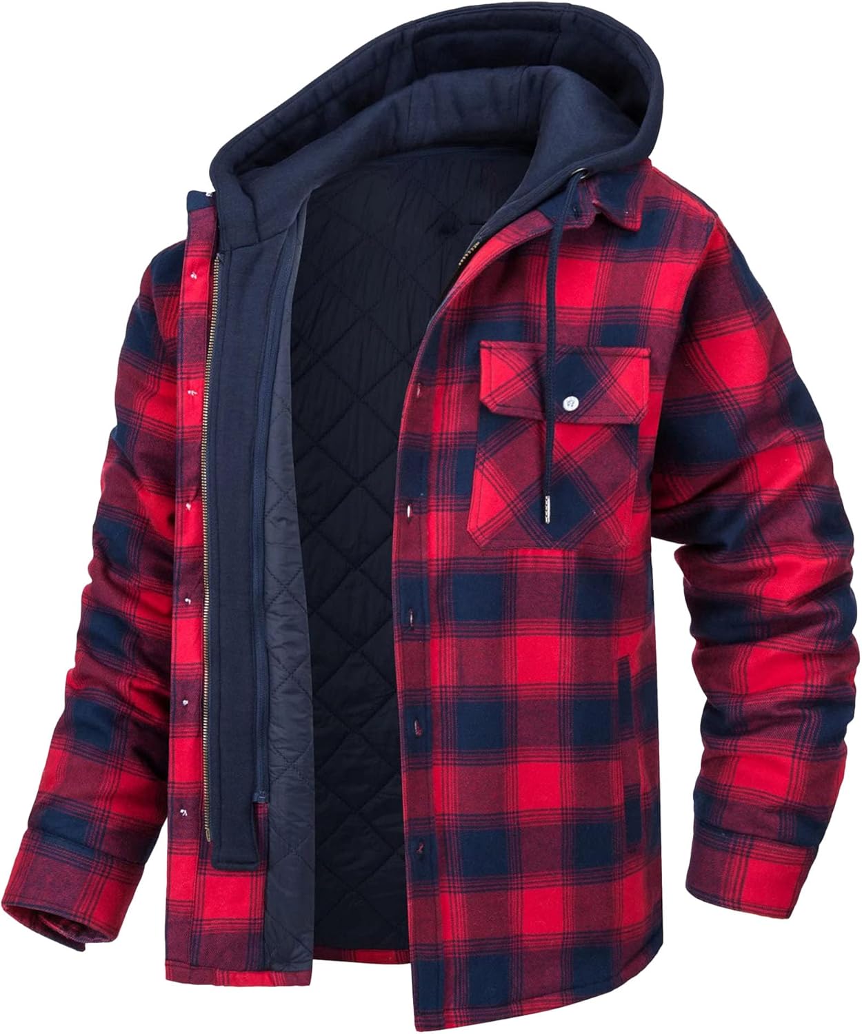 JEsilunmaMY Men's Quilted Lined Plaid Jacket Flannel Shirt Jacket with Removable Hood Cotton Button Down Hooded Jackets