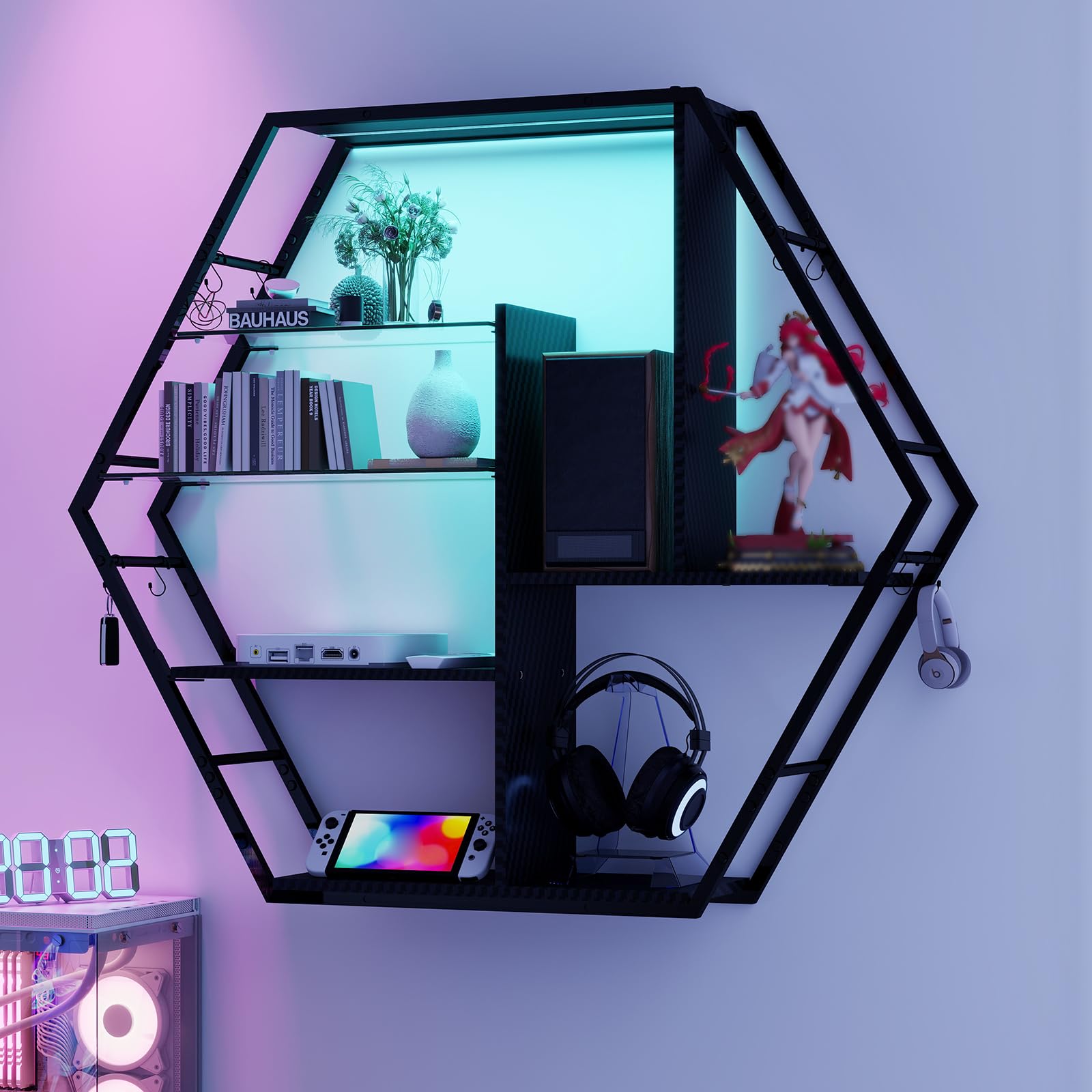 YU YUSING Estanteria Pared 7 Colores RGB, Baldas Pared con 8 Ganchos, 2 Estantes de Vidrio, Wall Shelf para Dormitorio, Cocina, Bar, Oficina y Sala Juegos, Negro, Hexagonal