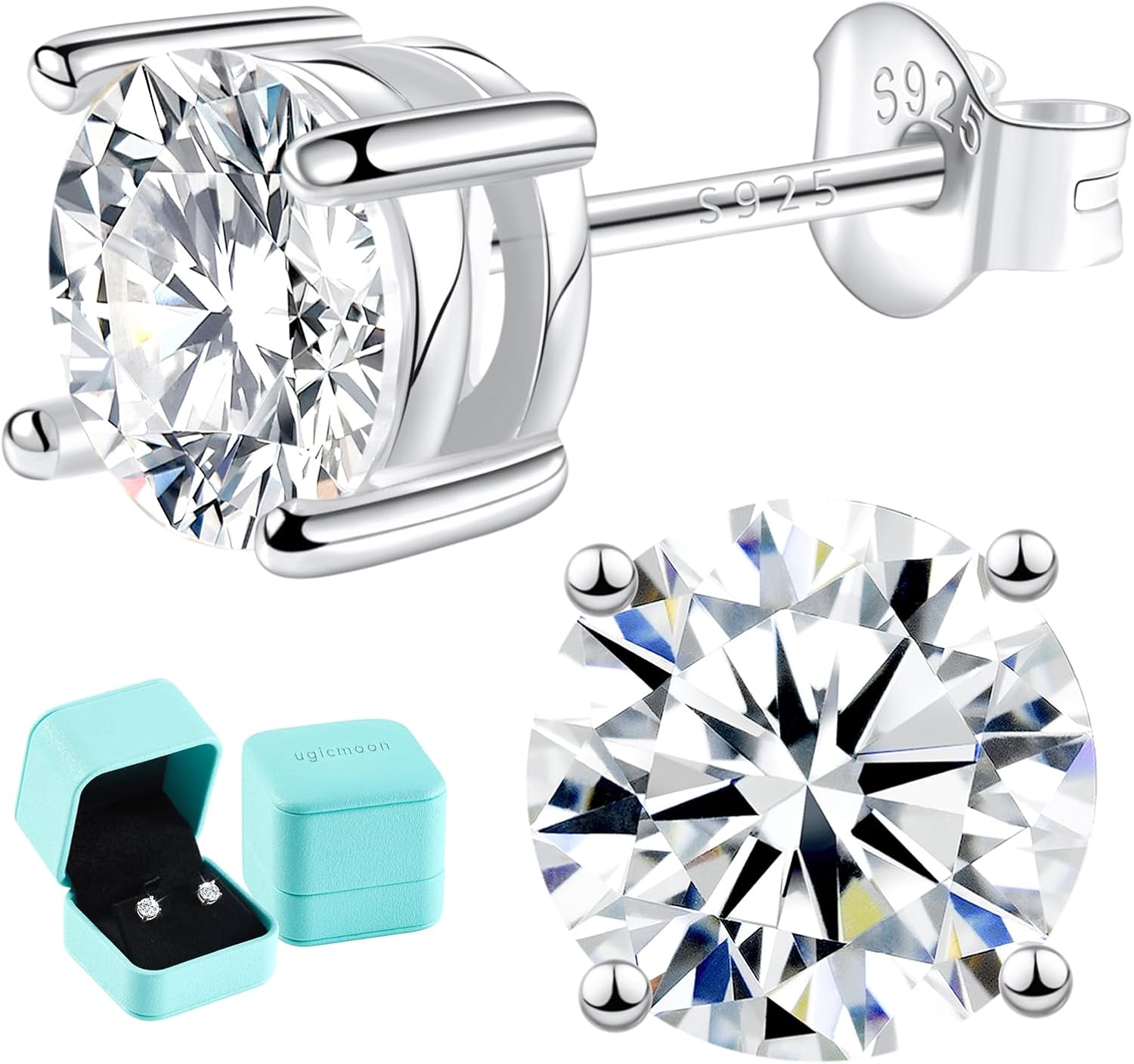 Moissanite Lab Created Diamond Earrings 0.6ctw-3.0ctw Solitaire Studs, D Color VVS1, Hypoallergenic 925 Sterling Silver, 14K White Gold Plated, Friction Back - Gift for Women & Men