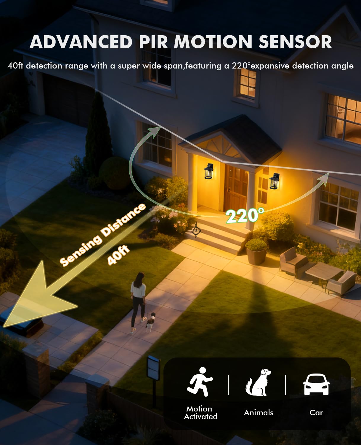FTL Applique da Esterno con Sensore di Movimento, Illuminazione di Sicurezza a 3 Modalità, Portico Lanterna E27 con PIR Sensore, Nera Lampada da Parete Esterna con Sensore Crepuscolare per Ingresso