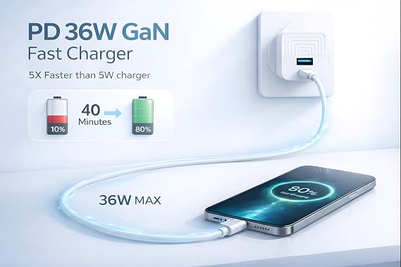 36W Super Fast Charger Plug, GaN Technology Dual Port USB C Plug Wall Charger Power Adapter For Nothing Phone 4A Pro 4A 3A Lite CMF 2 Pro 1 3 3A 3a Pro 2A