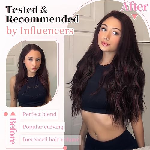 Miniatura 6 de KooKaStyle Extensiones de cabello sintético con pinzas, largo y ondulado, grueso, mezcla de color burdeos, fibra marrón oscuro, doble trama,