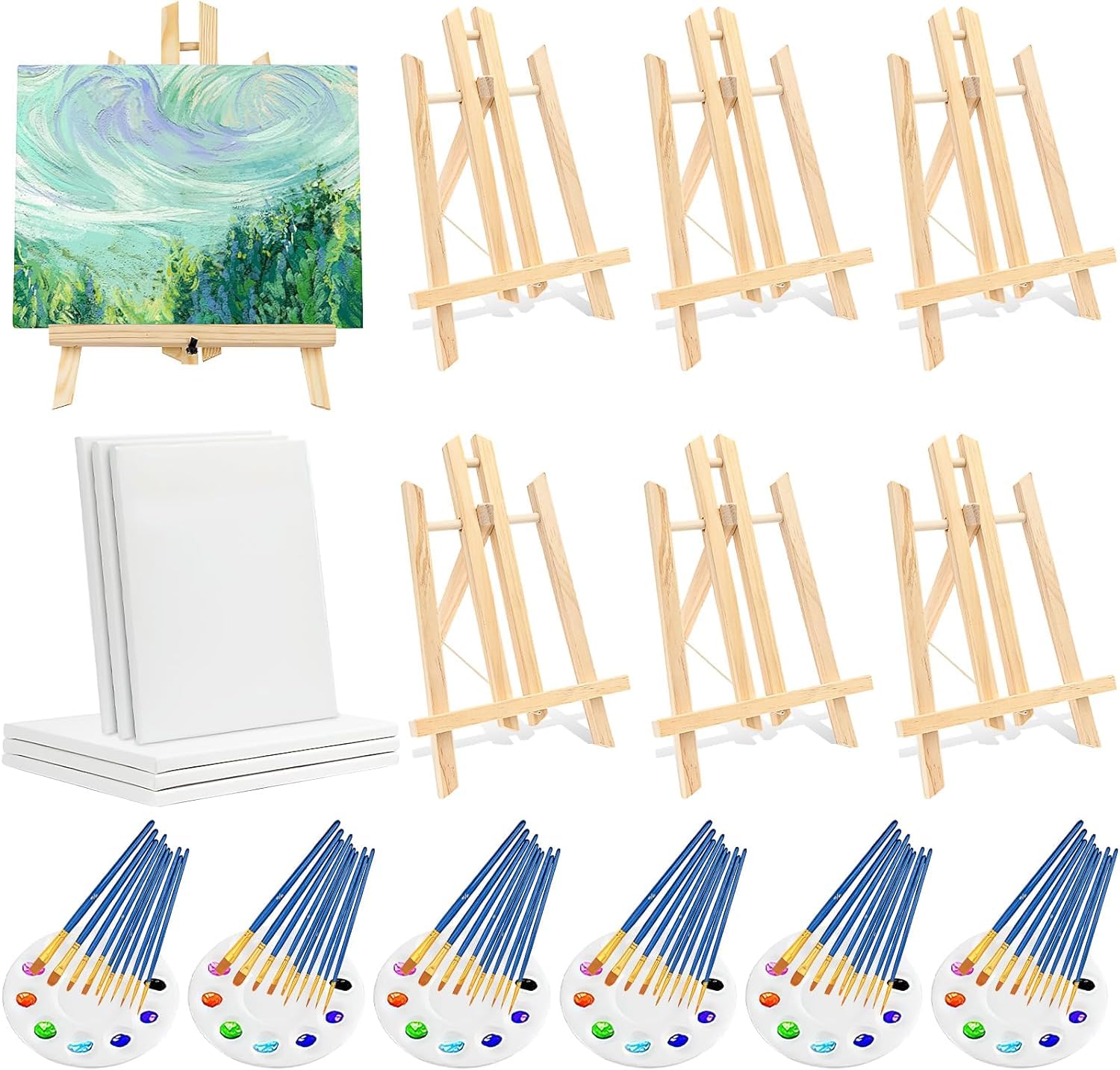 Kit de pintura 78 piezas con 6 caballetes 6 lienzos 20x25cm 60 pinceles 6 paletas para pintura acrílica aceite acuarela fiesta artística