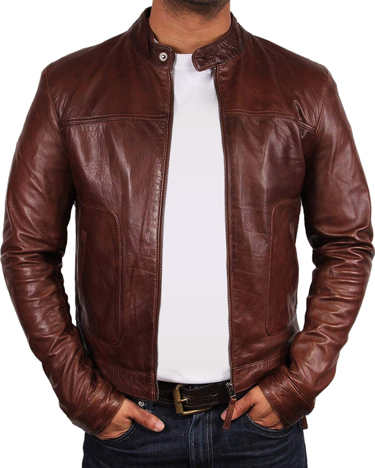 Brandslock Men's Brown Genuine Leather Biker Jacket Bomber Distressed (, 4X_l)