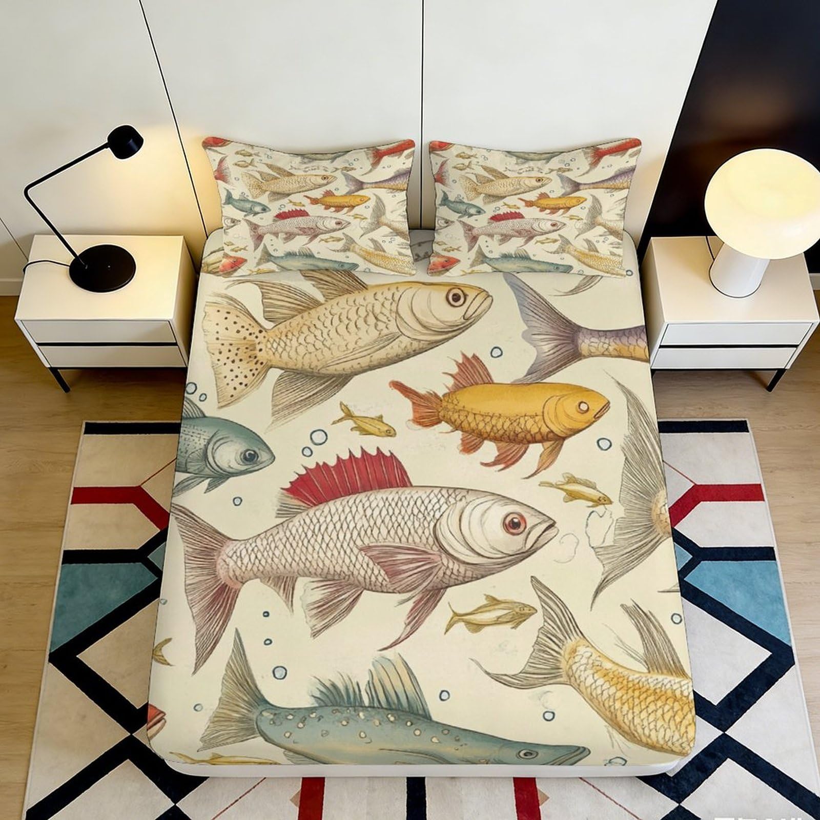 Pnayamiorkfel Style-7 3D Printed Vintage Fish Fitted Sheet Microfiber Soft Breathable Oceanic Illustration Bed Cover For Bedroom Guestroom 90X200x25cm