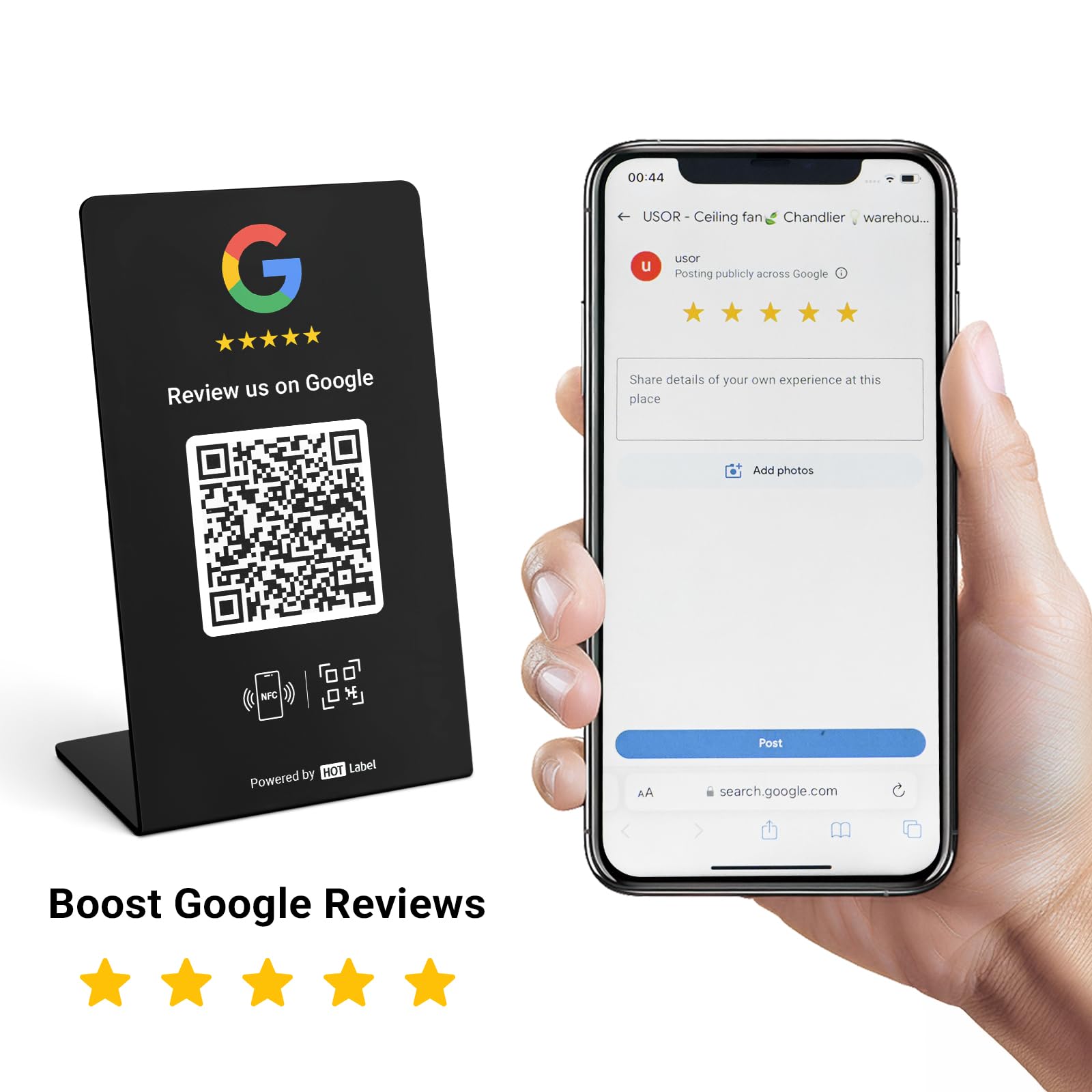 HotLabel Google Review Stand 1 pack + carte Google Review Tap en bonus – Noir – NFC Tap & QR Code – Prend en charge 2 différents magasins ou Same – Pas d'application/souscription