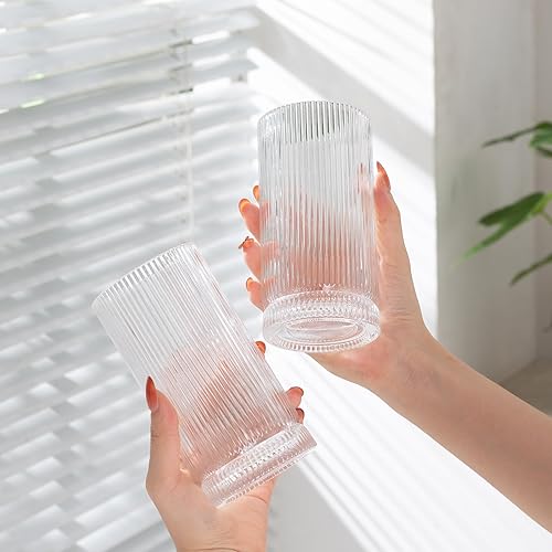 Miniatura 5 de Juego de 6 vasos vintage para beber, cristalería acanalada de 16 onzas, vasos altos estilo origami, cristalería acanalada para cóctel, vasos de