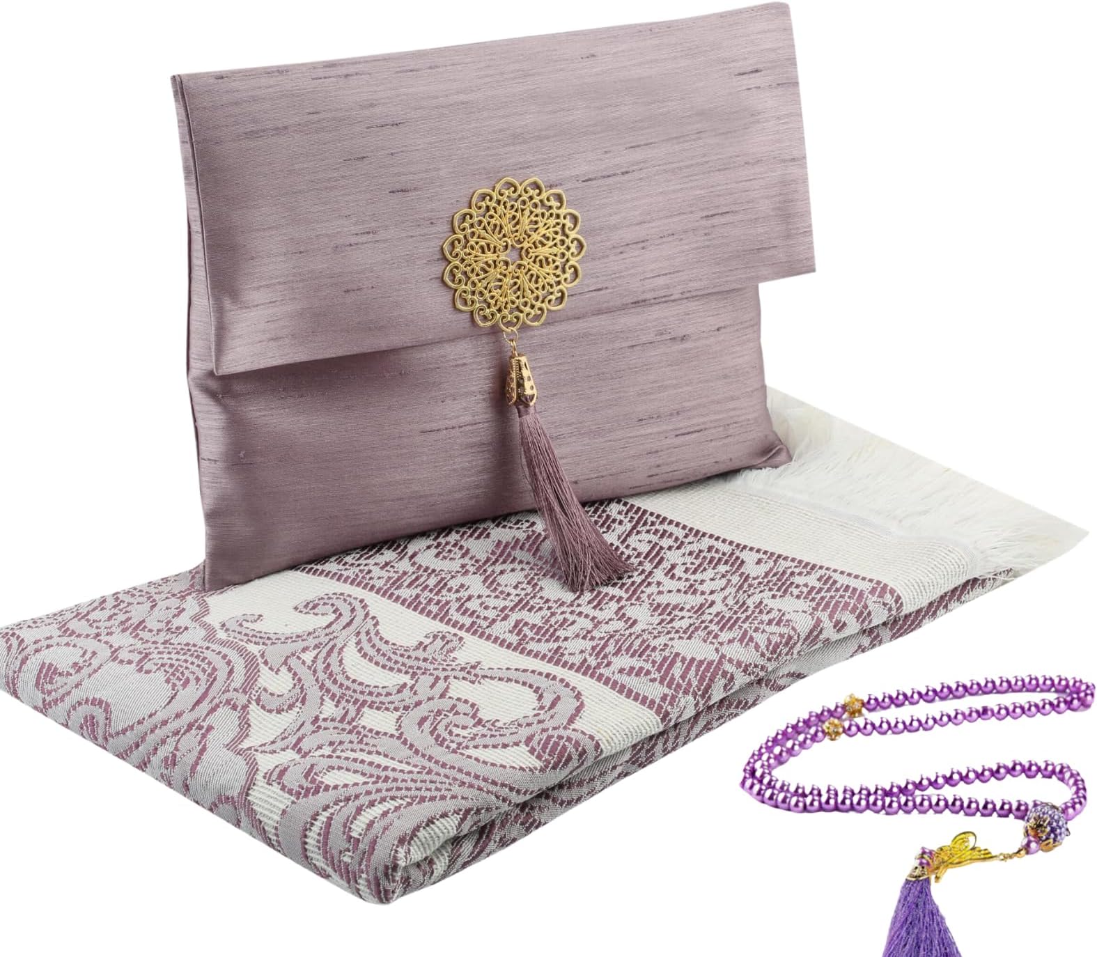 Prien Muslim Prayer Rug with Tasbih and Portable Bag, Muslim Gift for Women Men, Mubarak Islamic Box, Soft Mat Islam Gifts Set, Turkish Sajadah for Ramadan, Eid, Hajj, Travel, Pray (Lilac)