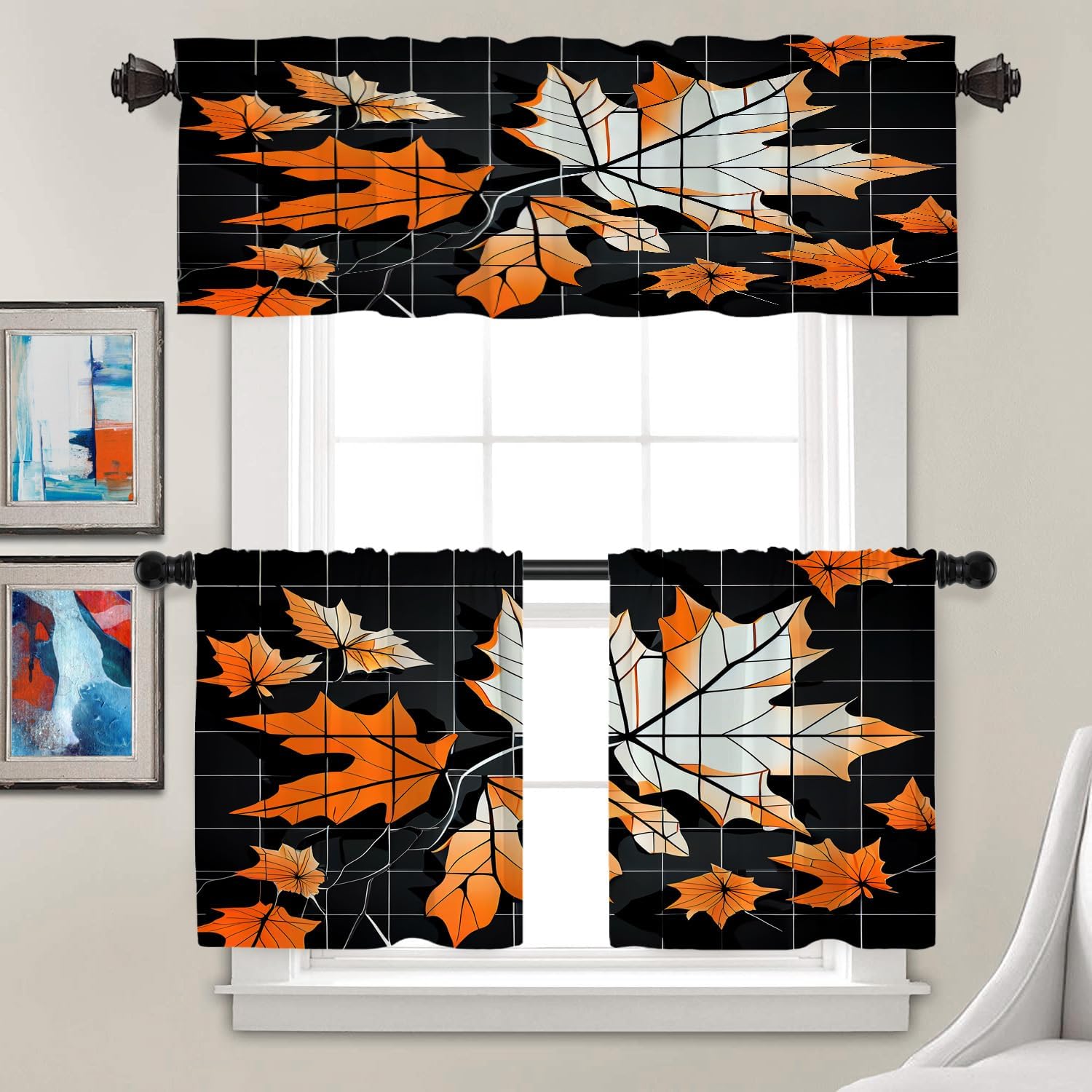 Batmerry Autumn White Maple Leaves Valance Curtains, On Black Grid Window Treatment Kitchen Valances Multilayer Polyester Blackout for Living Room/Bathroom, 2 Pack 52x18 inches