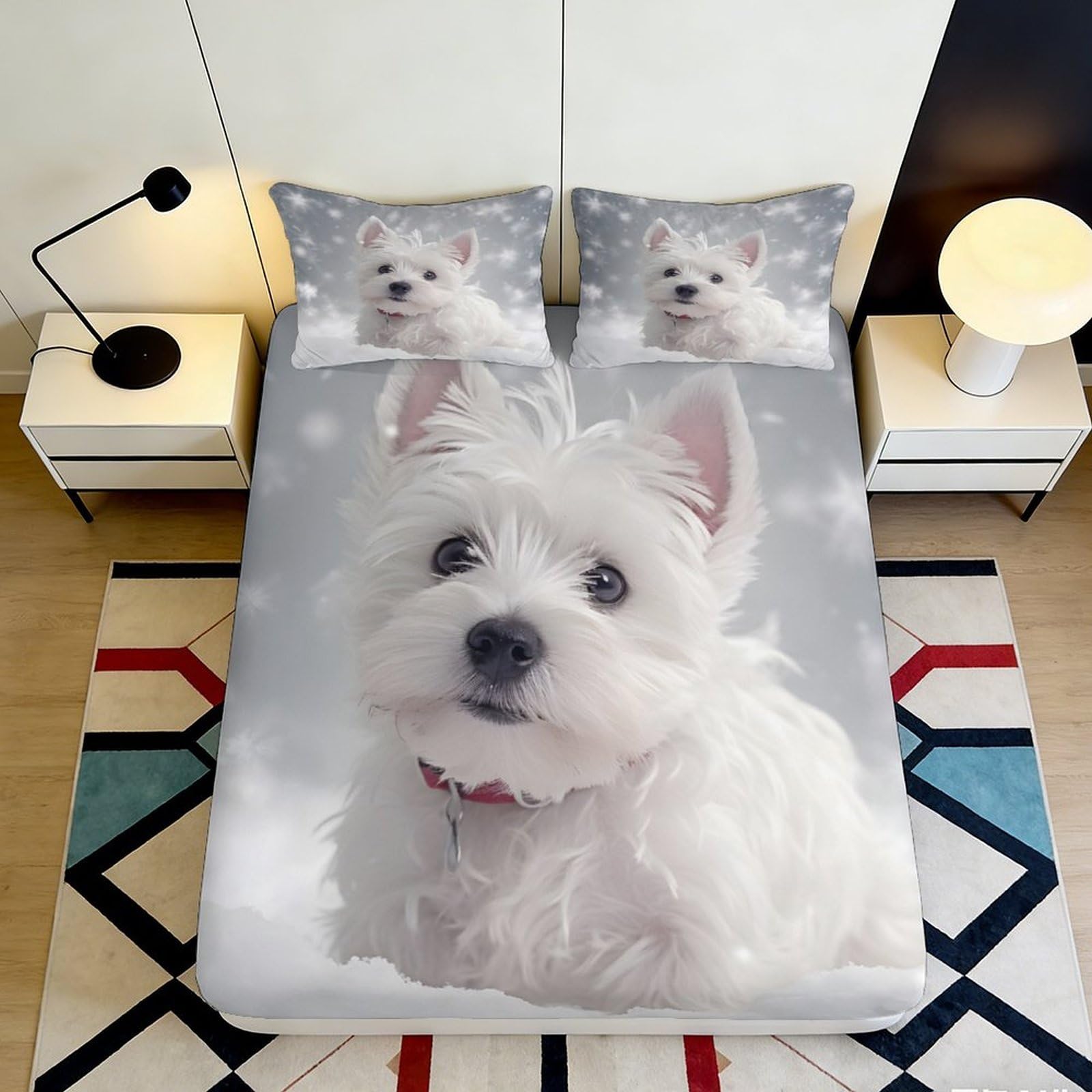 Pnayamiorkfel Style-8 3D Printed White Westie Dog Pattern Fitted Sheet Microfiber Soft Non-Slip Bed Cover For Bedroom Guest Room Mattress Decor 90X200x25cm