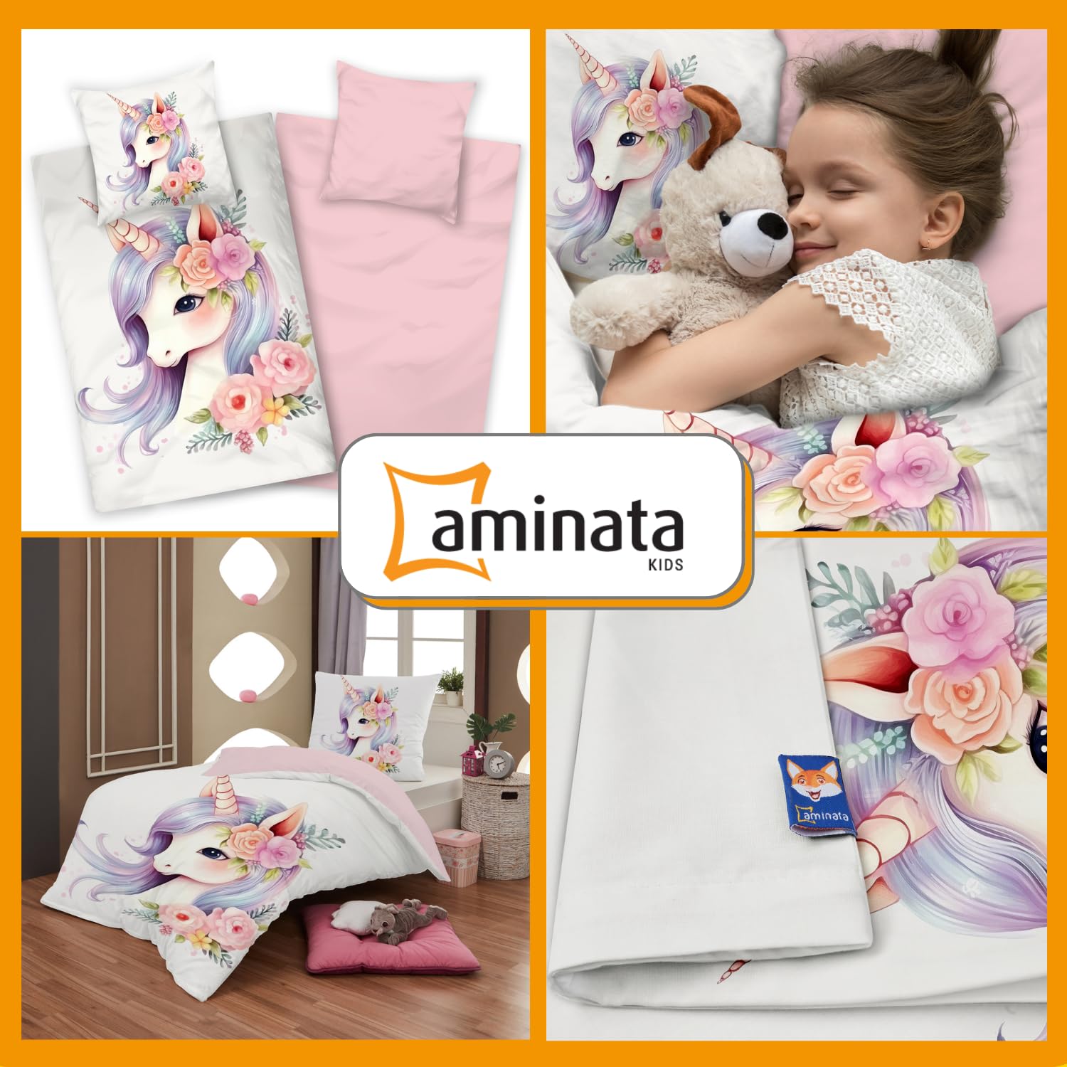 Aminata kids Bettwäsche Einhorn 135x200 Mädchen 100% Baumwolle rosa - Kinder Wende-Bettwäsche-Set mit Unicorn