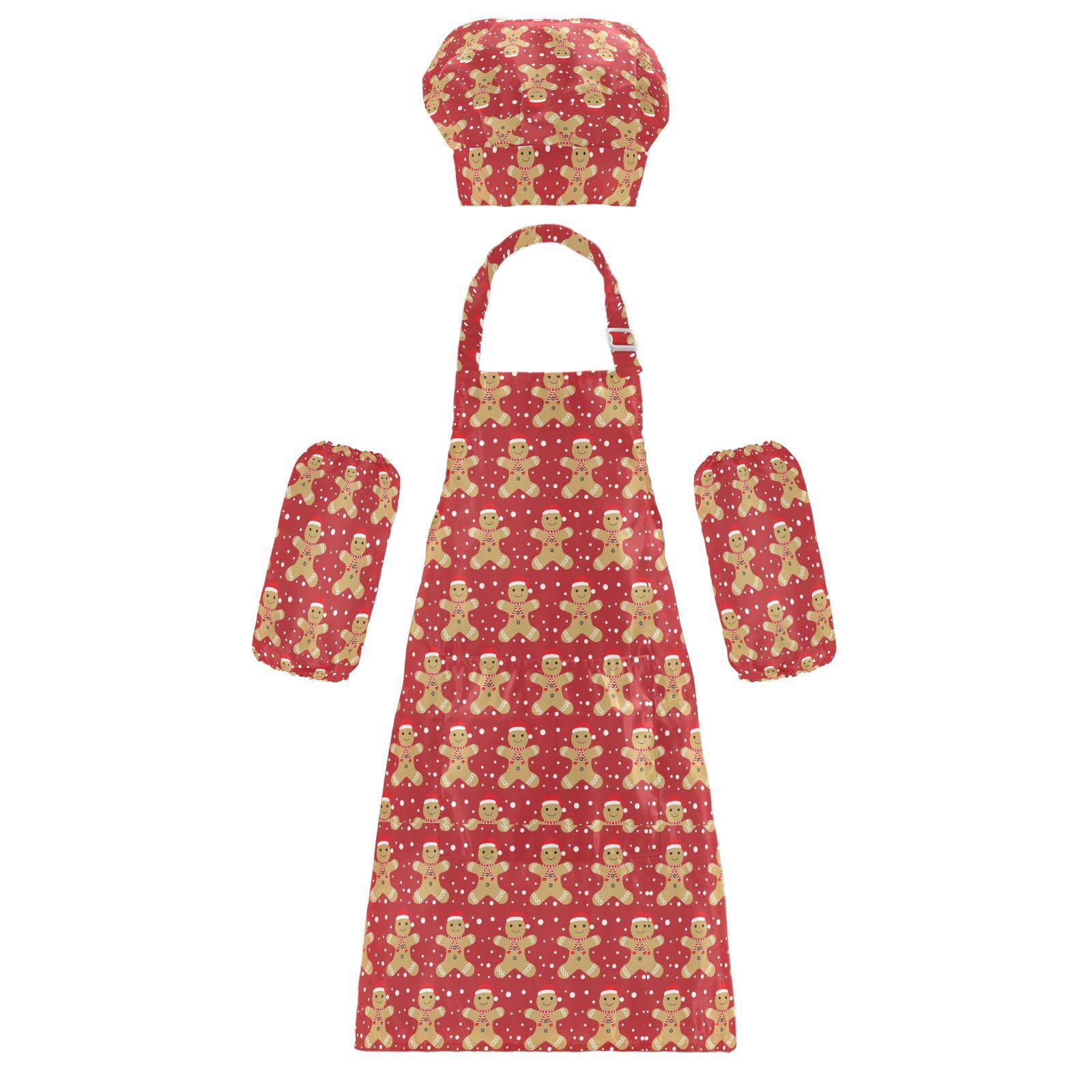 Mnsruu Gingerbread Christmas Red Kids Apron Chef Hat Set Waterproof Baking Cooking Painting Apron Boys Girls 7-12 Years