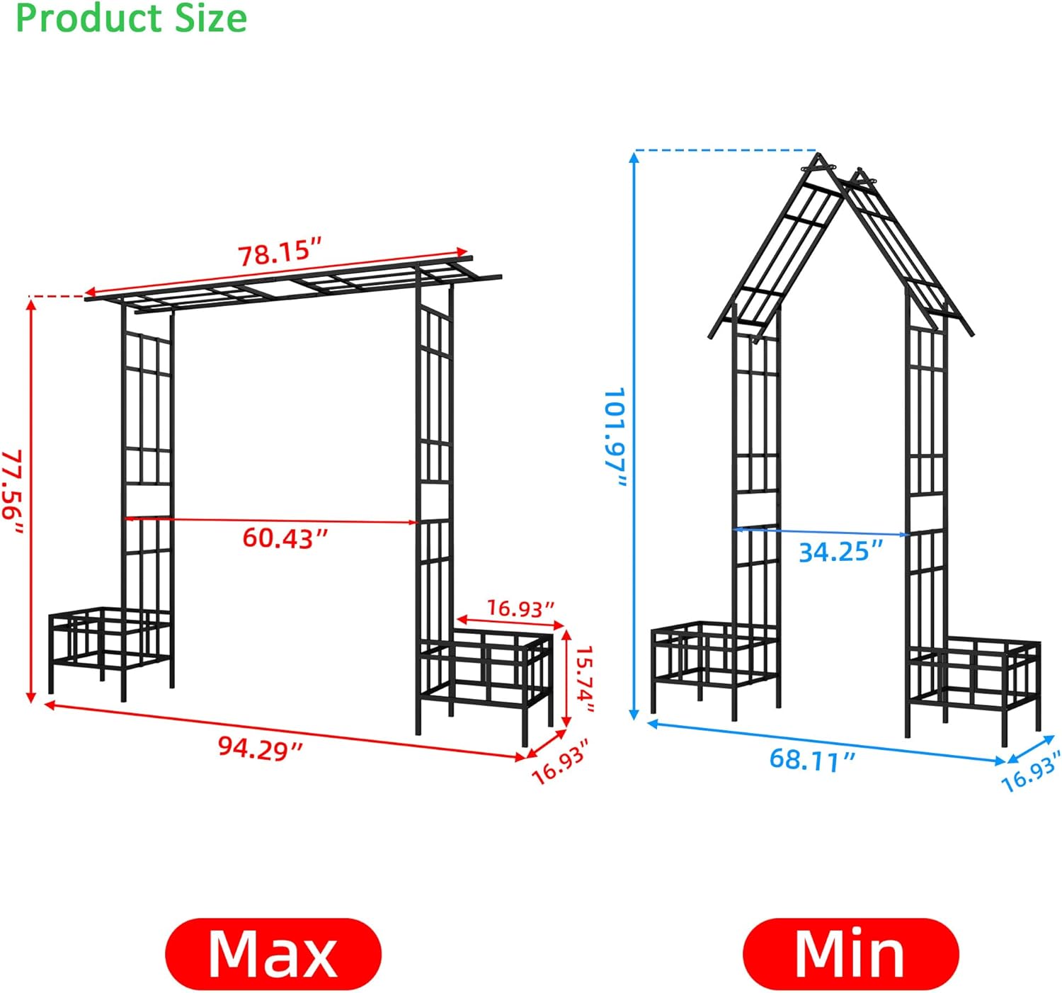 Metal Garden Arbor Arch with Plant Box, 77" H Garden Trellis for Climbing Plants Outdoor Support for Roses Vines Wedding Party Decoration, Adjustable Width, Black Line