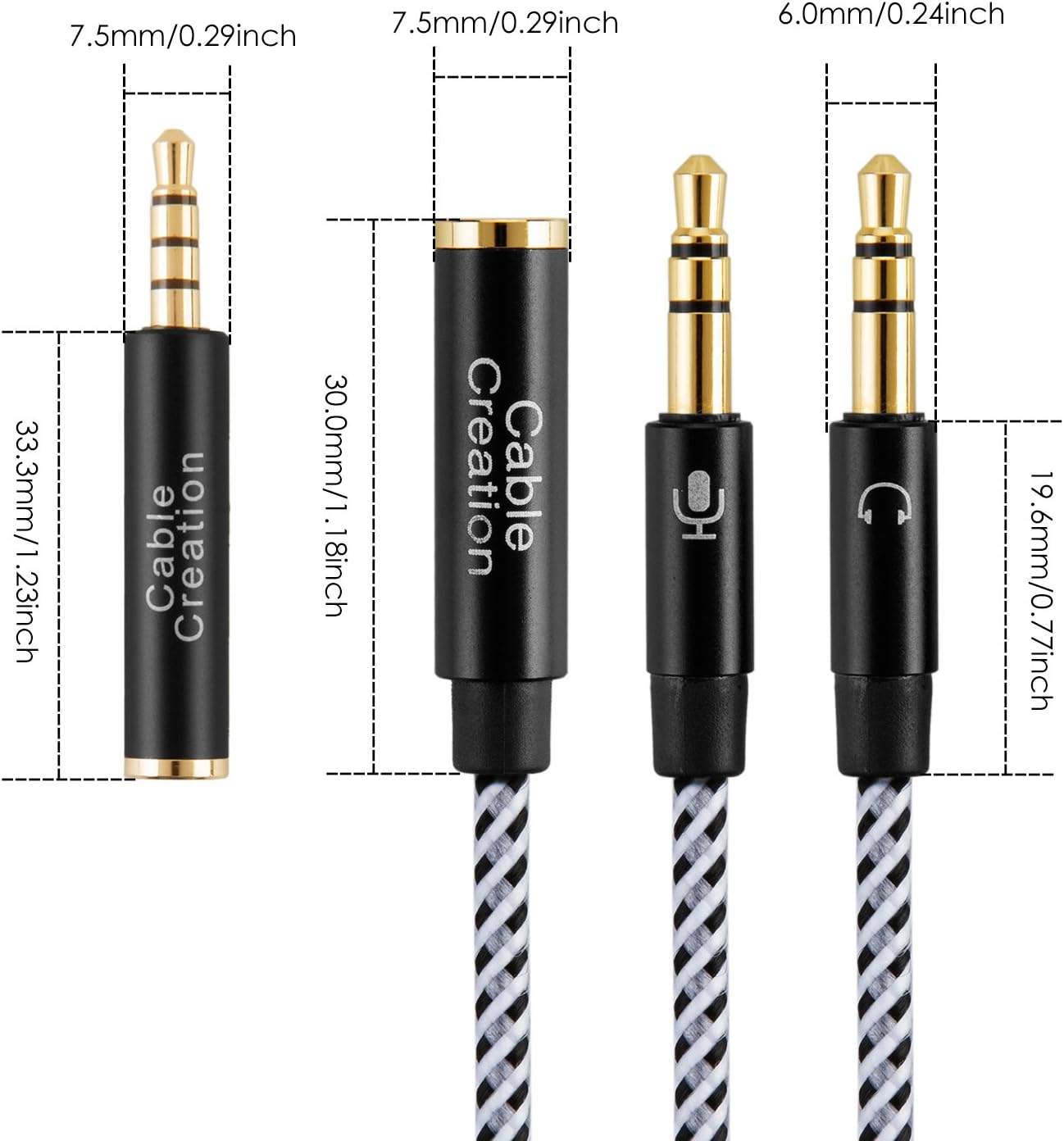 Exclusive Headset Splitter Cable, CableCreation 3.5mm Female to 2 Dual 3.5mm Male Audio Y Splitter Cable with 3.5mm Audio Jack CTIA to OMTP Adapter,Black and White/ 0.2 M