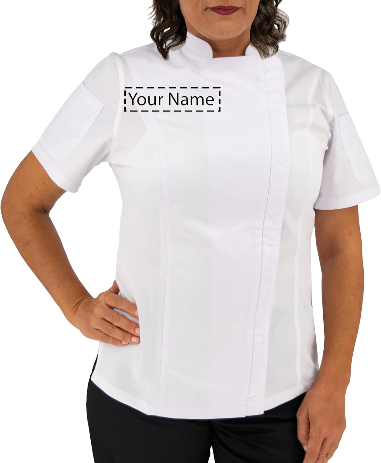 Womens Short Sleeve Custom Chef Coat Embroidery with Personalized Name, Text or Title on Your Chef Jacket Uniform