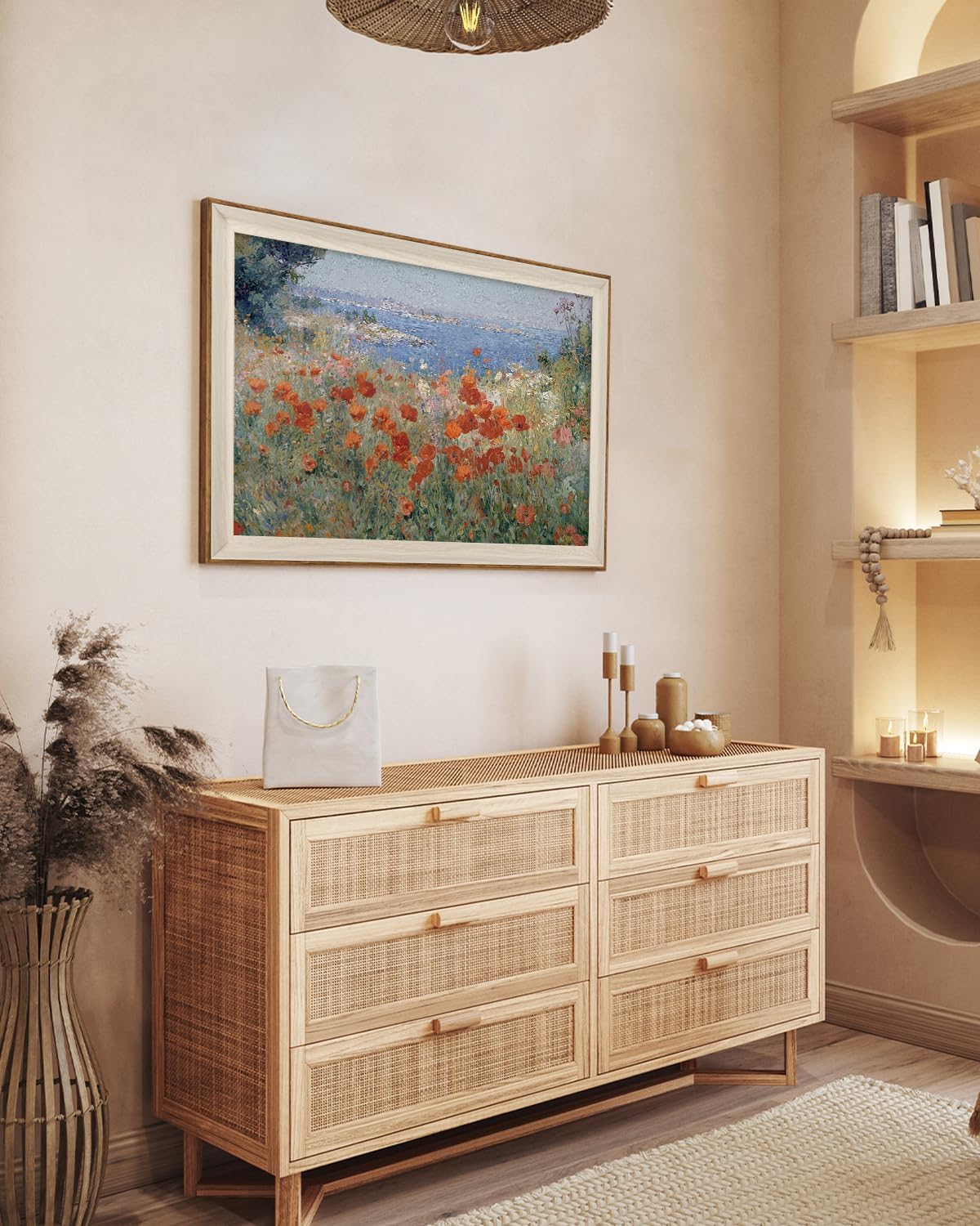 InSimSea Large Framed Vintage Wall Art for Living Room, Coastal Flower Wall Art Canvas Prints Painting Picture Landscape Retro Vintage Room Decor Aesthetic Bedroom, Wildflower Field,24 x 36 Inch