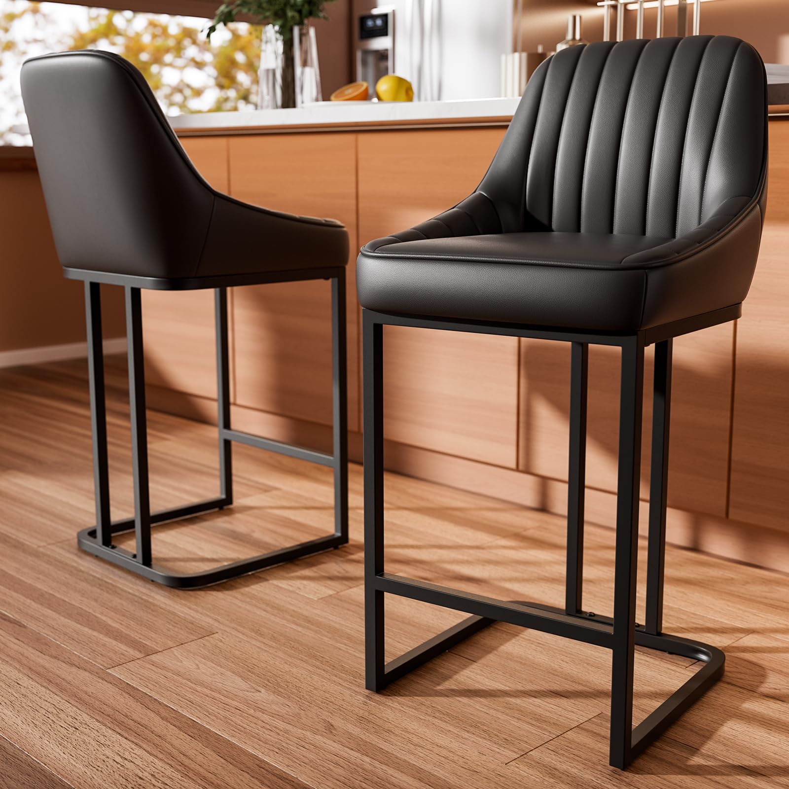 Bananister Bar Stools Set of 2, 24 Inch Counter Height Bar Stools with Back and Metal Frame, Upholstered Leather Barstools for Kitchen Island, Home