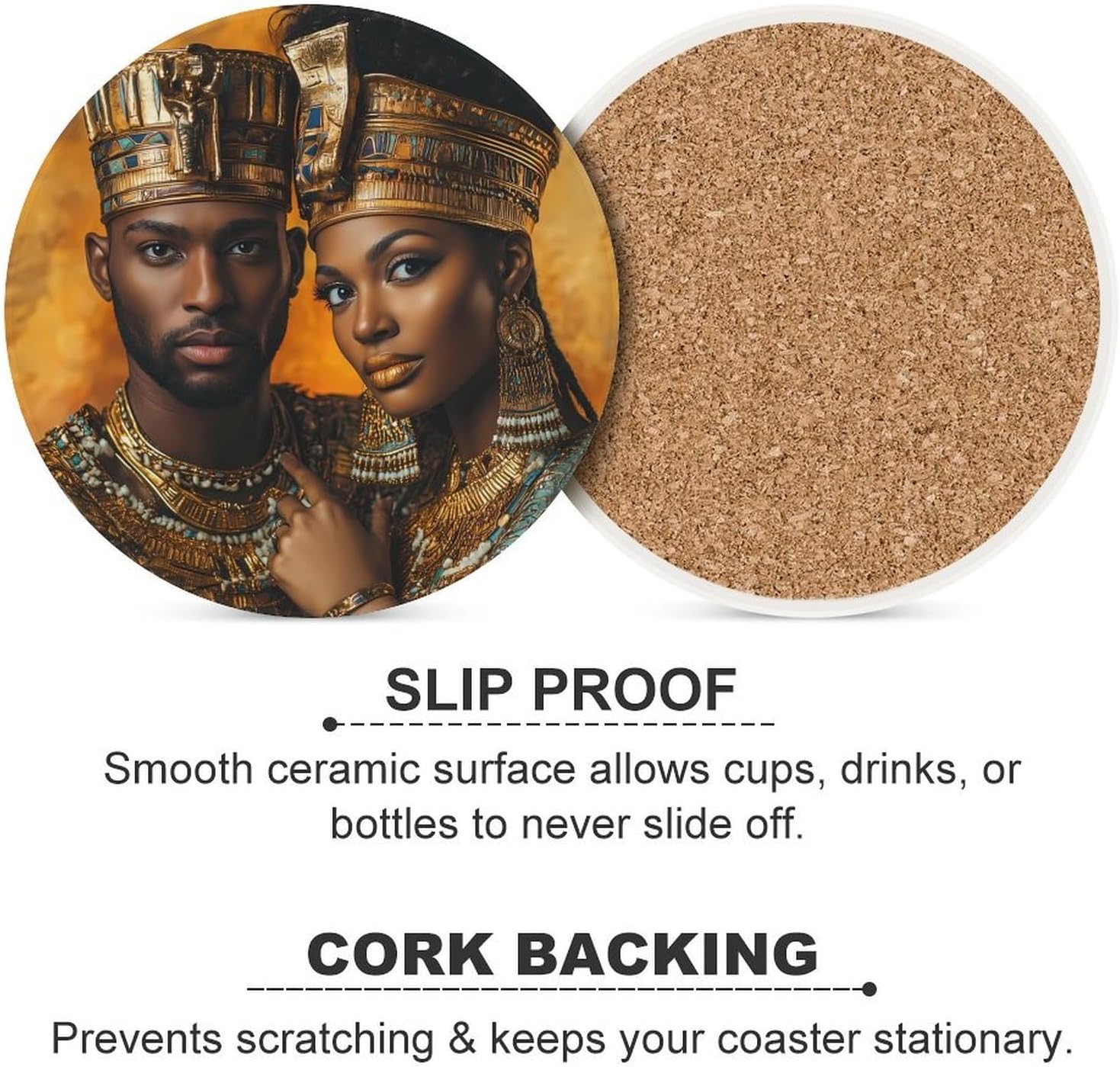 Lovers Couple Ancient King Queen Round Ceramic Coasters Print Drinks Absorbent with Cork Base for Home Decor Gifts 4 Inch