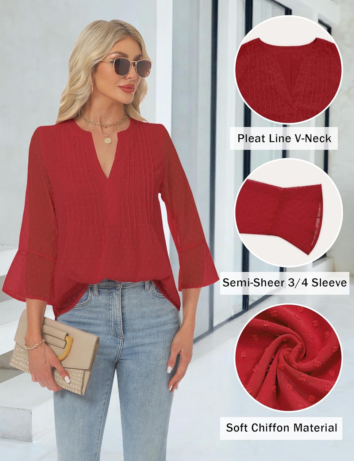 AIMCOO Blouses for Women Dressy Casual 3/4 Sleeve Tops for Women Swiss Dot Double Layered Chiffon Work Tunic Shirts - Image 5