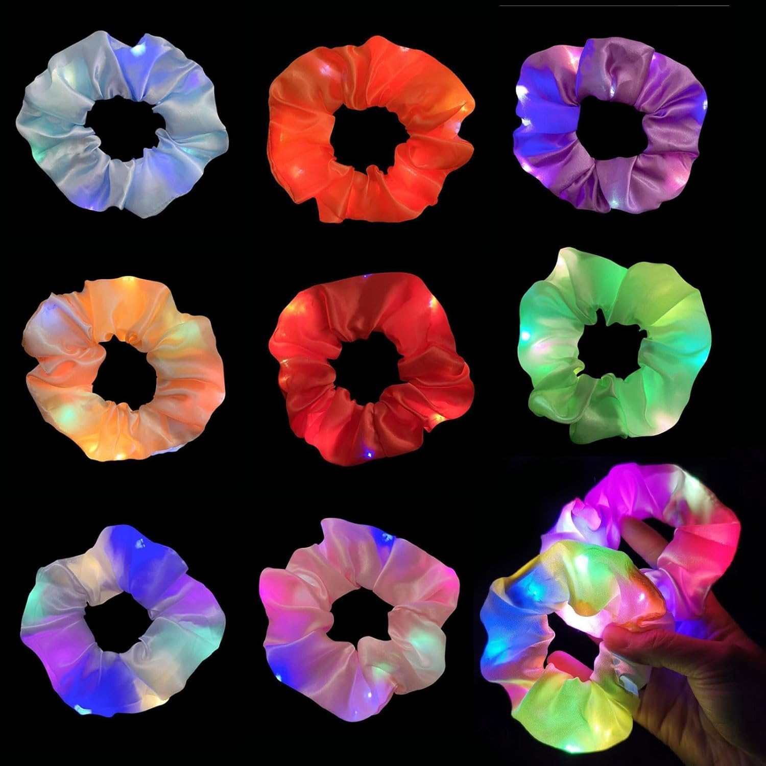 HENGBIRD 8 Stück Leuchtende Haargummis, LED Scrunchies aus Satin mit 3 Lichtmodi, Elastische Haarbänder in 8 Farben, Glow Haarschmuck für Damen, Party Festival Karneval Halloween Weihnachten