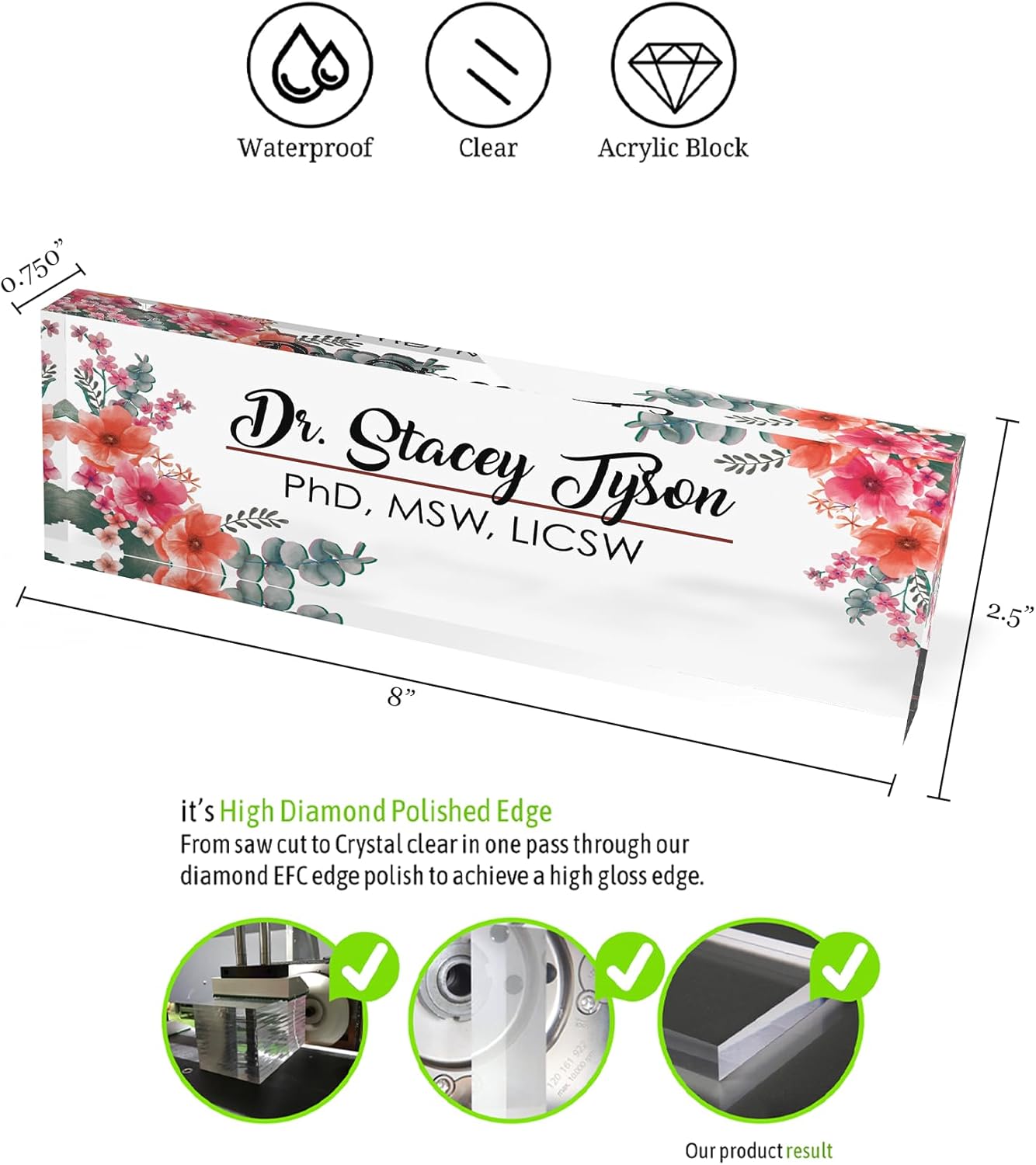 Personalized Acrylic Desk Name Plate, Floral Design, Professional Office Decor, Gift