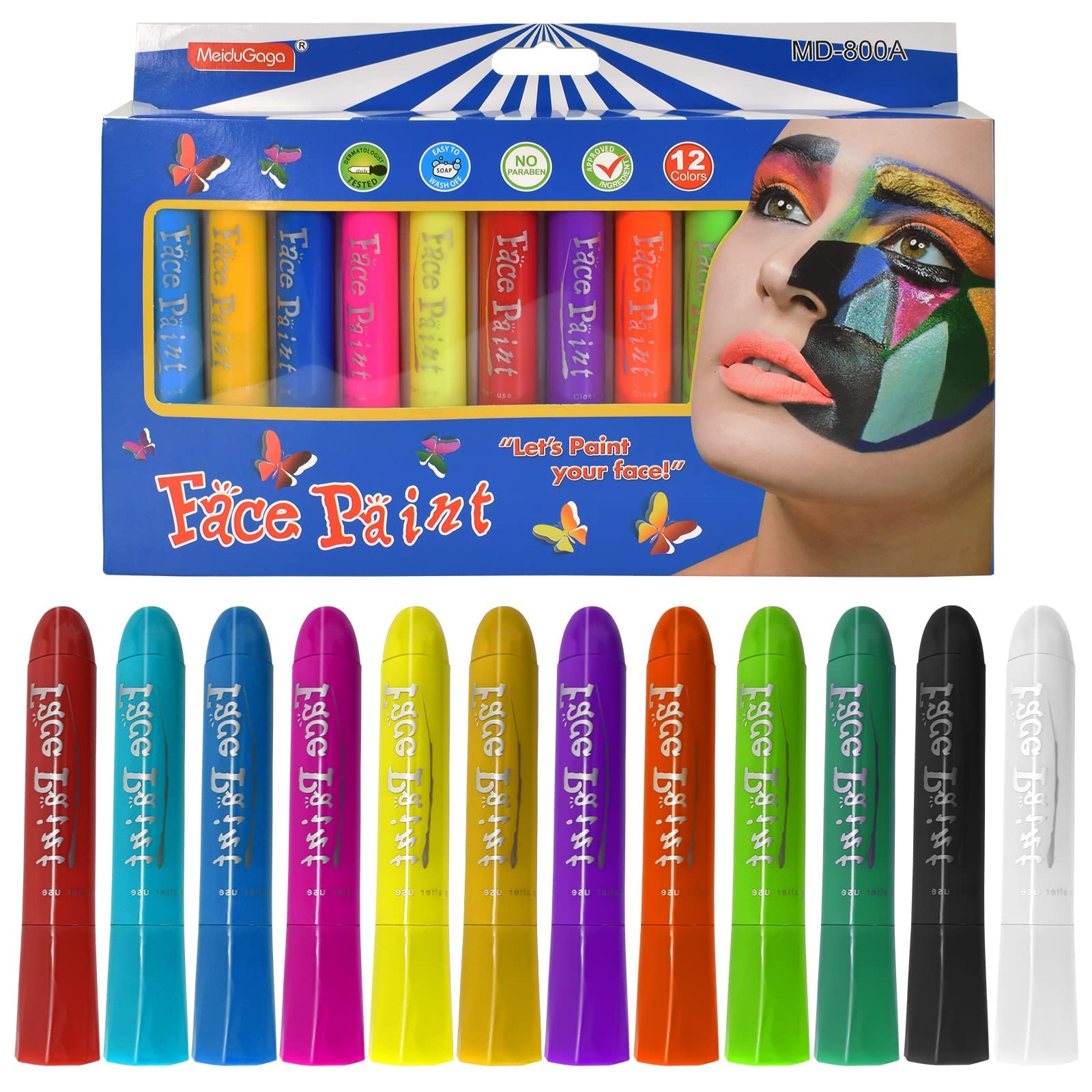 KASTWAVE Face Paint Crayons, 12 Colors Face Paints for Children Halloween Make Up Set, Washable Make Up Set Body Painting for Boys Girls, Non-Toxic, Party Cosplay Face Paint Crayons for Ages 3+