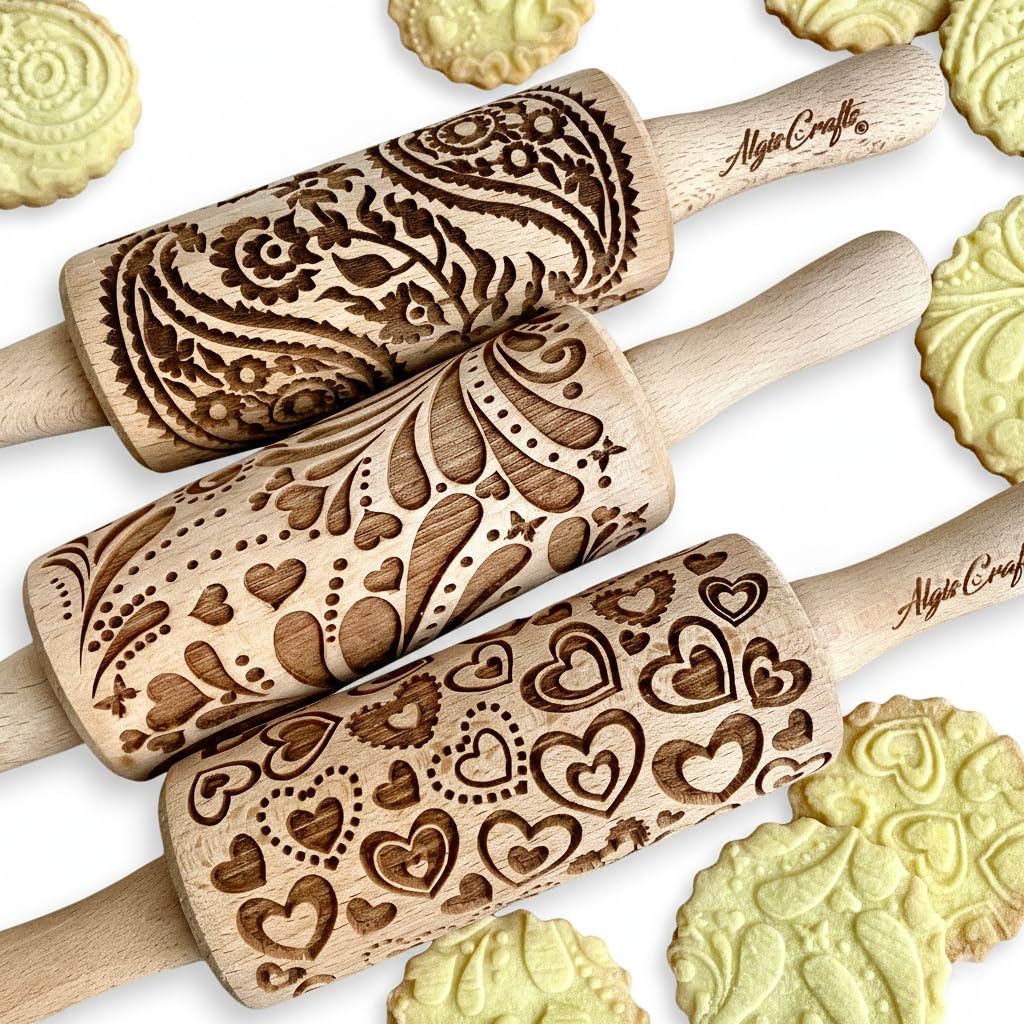SCHÖNER TAG 3-er SET mit HERZEN, PAISLEY und FRÜHLING Muster. Nudelholz für hausgemachtes Gebäck. Nudelholz mit muster von Algis Crafts