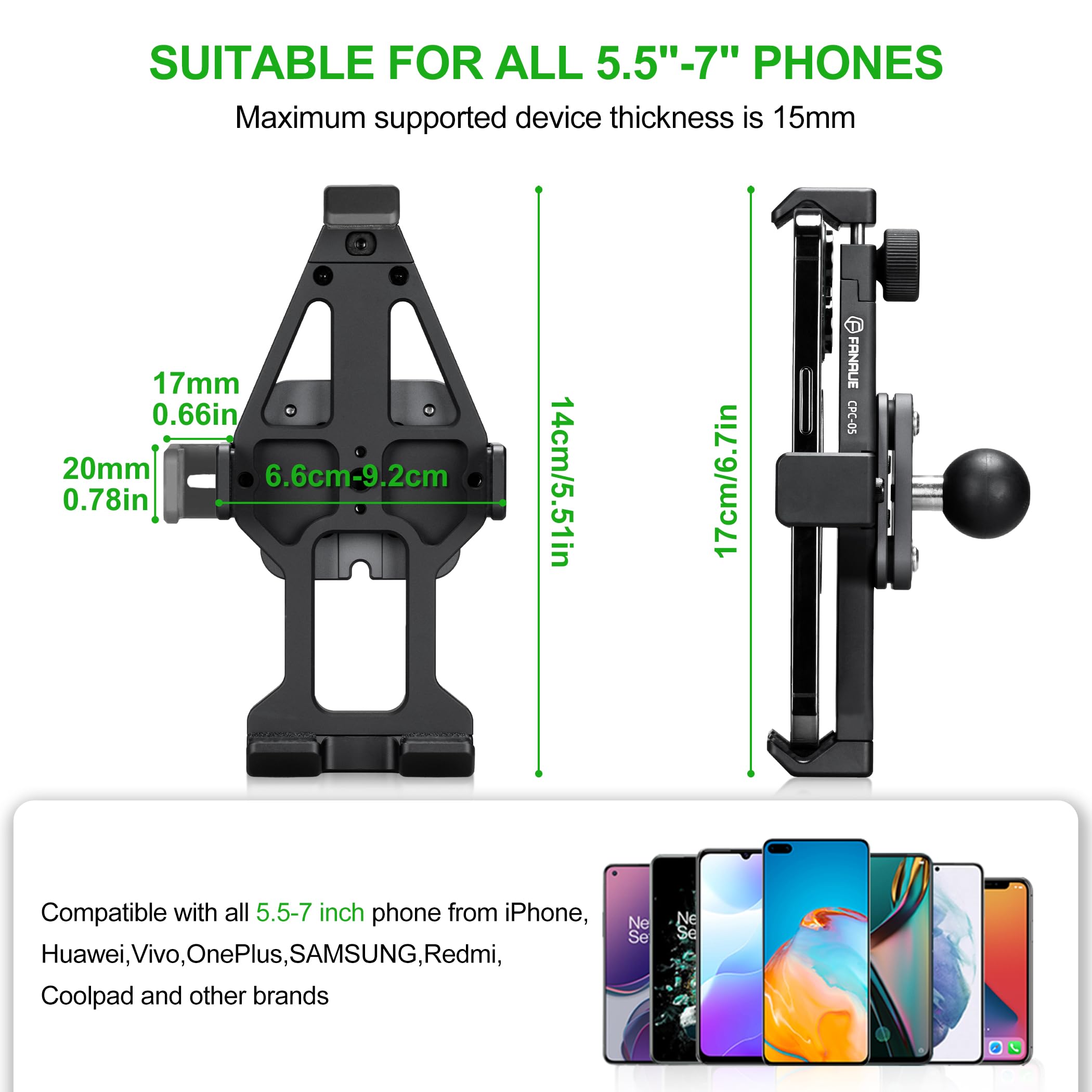 FANAUE CPC-05SA Anti-Vibration-Motorrad-Telefonhalterung mit 2,5 cm Kugelkopf für RAM-Halterungen, B-Größe, Doppelbuchsenarm und Fahrrad-Handyhalter für 5,5-7 Zoll Smartphone, Anti-Locker-Knopf,