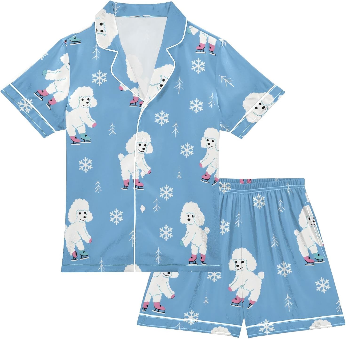 Kids Satin Wear Set White Dog Snowflake Pattern Relaxed Fit Clothing Short Sleeve and Shorts