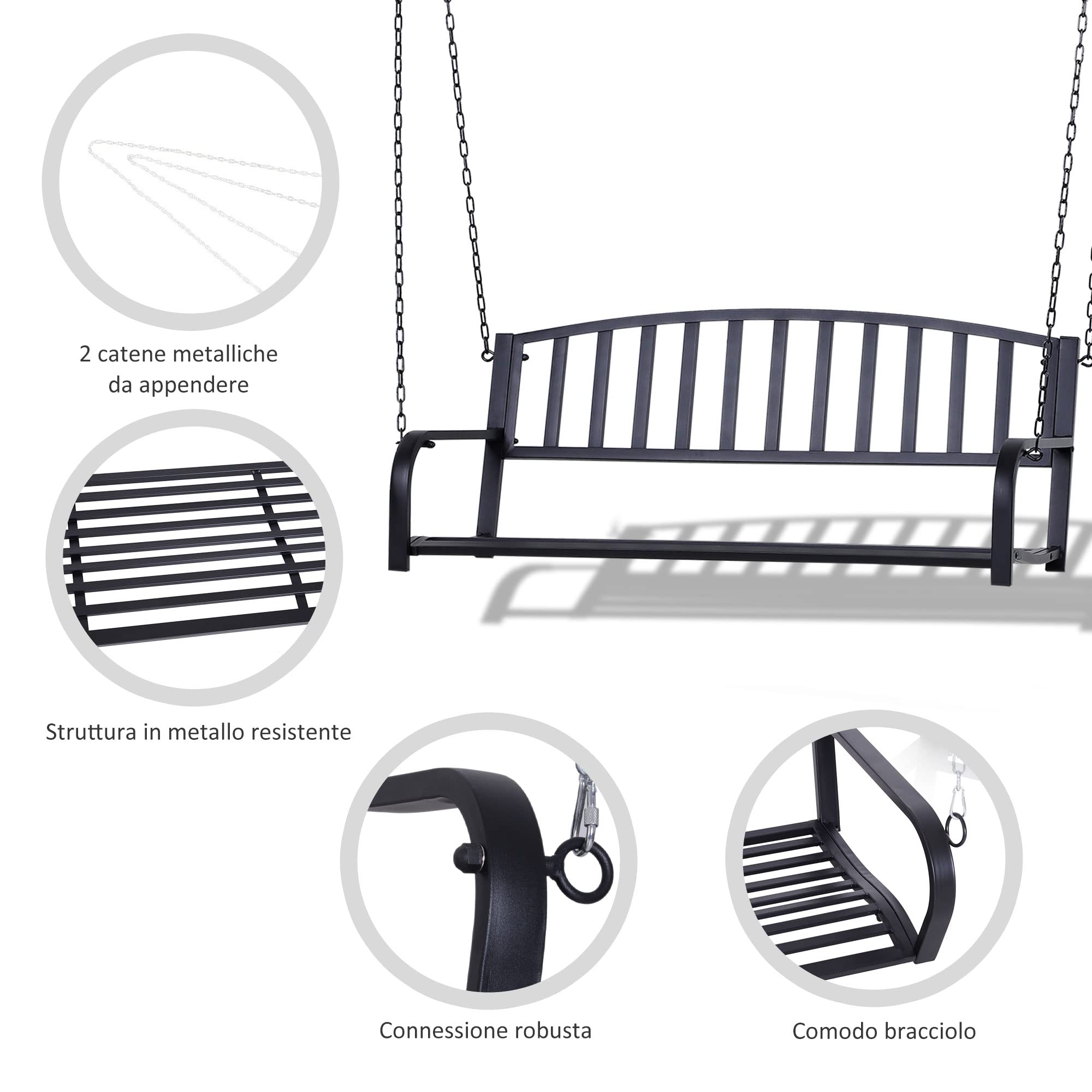 Outsunny Dondolo Sospeso da Giardino con 2 Posti, Romantica Panchina in Metallo Nero per Esterni, 127 x 60 x 47cm