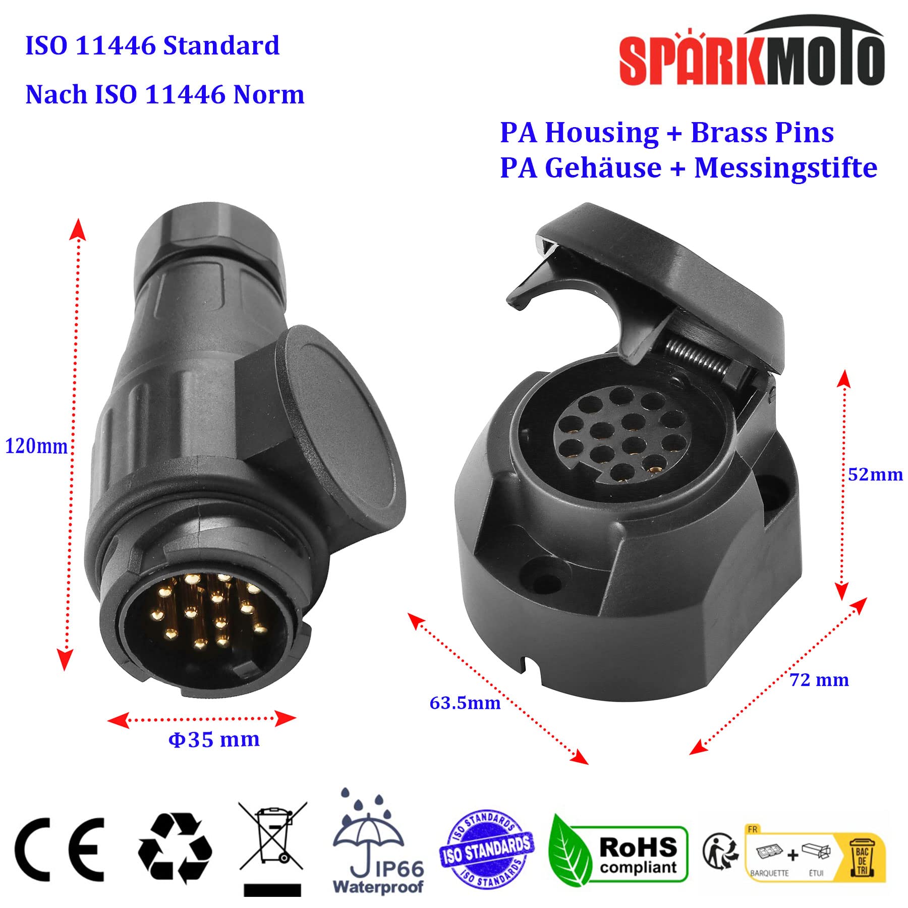 Prise Remorque 13 Broches Étanche 12V - Avec Support - SPARKMOTO, ISO 11446, Pour Voiture, Caravane