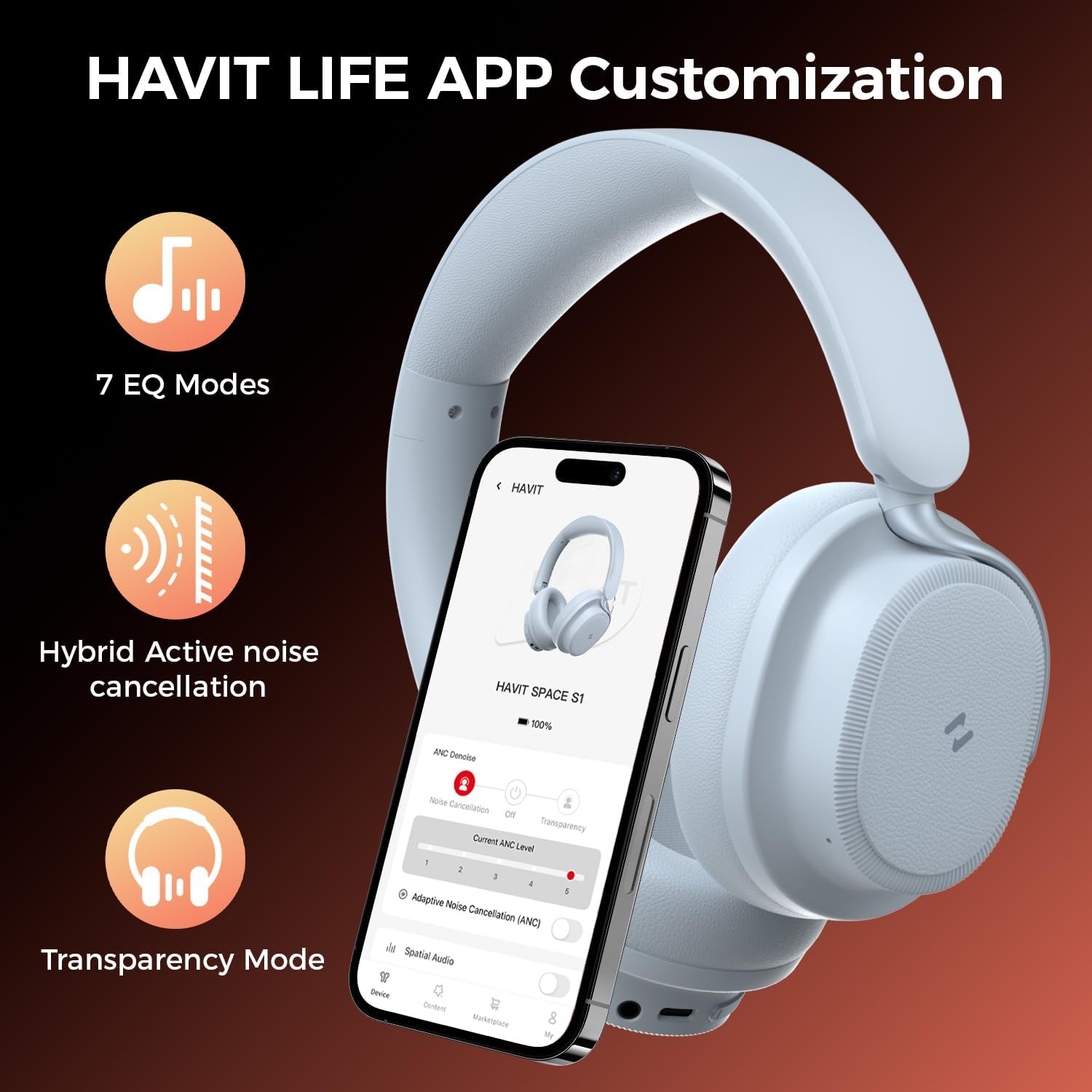 havit Noise Cancelling Headphones Over Ear, Wireless Bluetooth Headphones with 132H Playtime, Fast Charge 5 Min=5H, Foldable, Dual Device, with Mic for Travel Work Office, Blue
