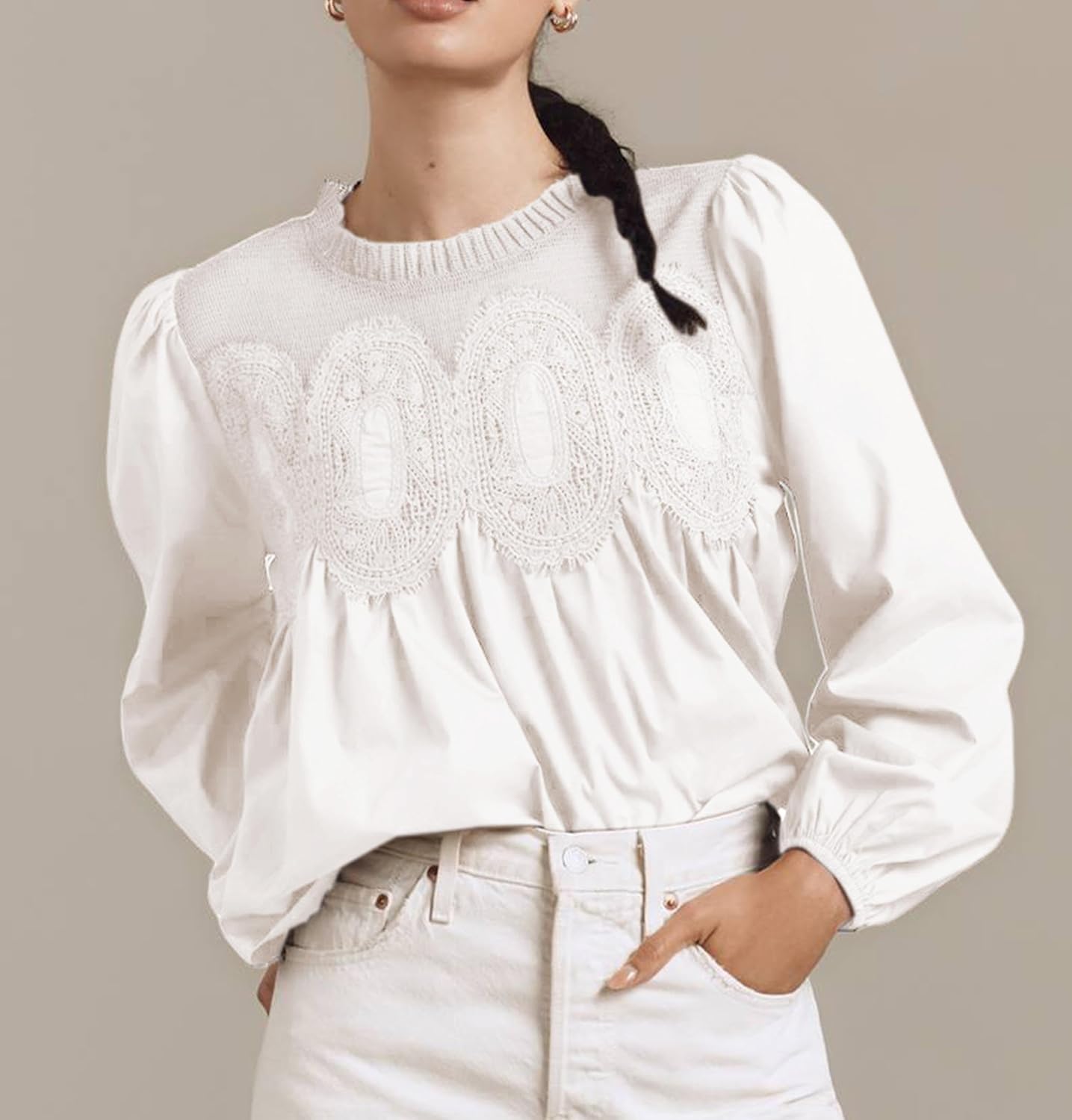 VAOYIU Women Lace Poplin Ruffle Mesh Blouse Long Sleeve Crew Neck Swing Babydoll Tops Elegant Shirt with Embroidery - Image 2