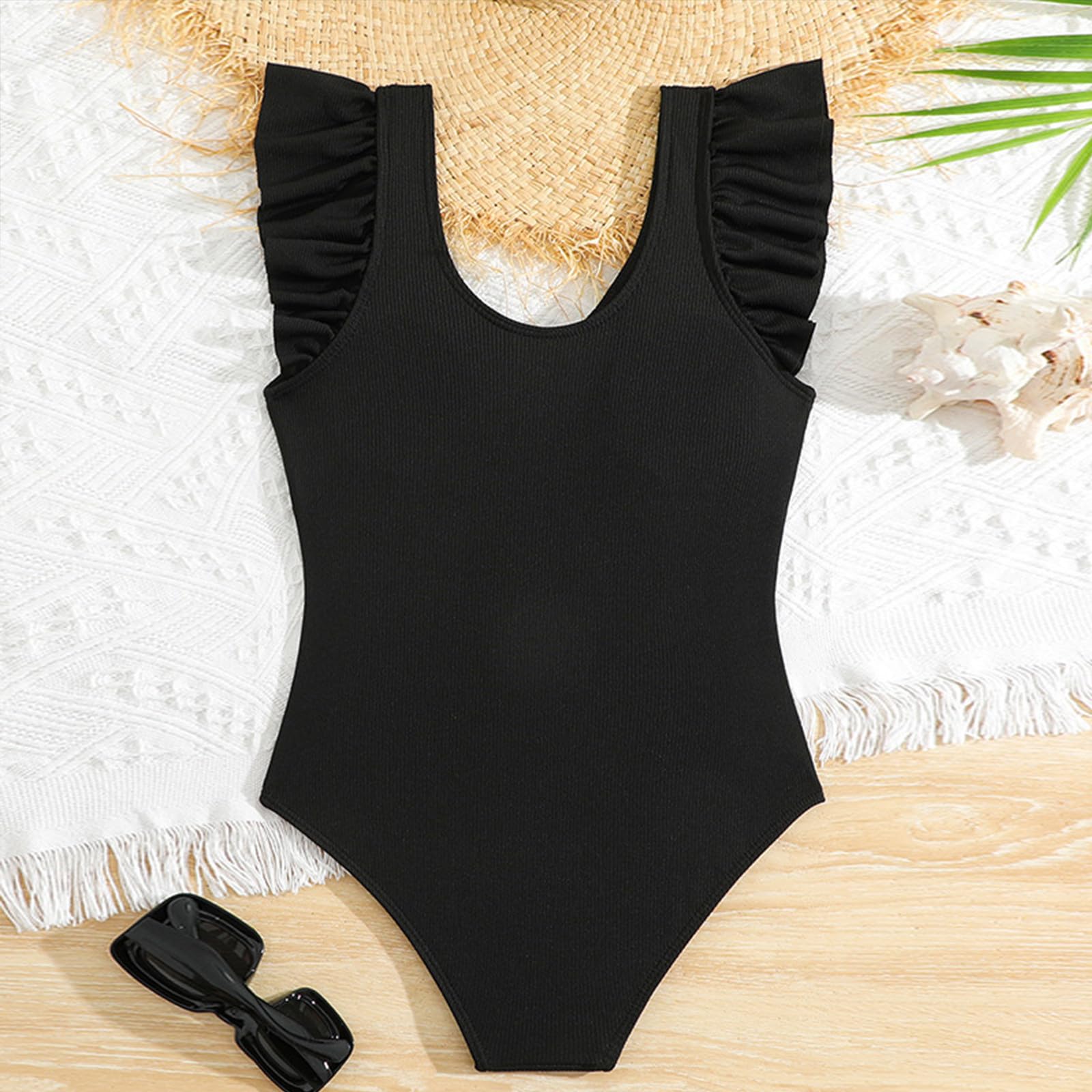 Generisch Niña Sunny Bañadores Niños Onepie Ce Traje de Baño Volantes Negro Traje de Baño Deep V Vientre T Uck Onepi Ece