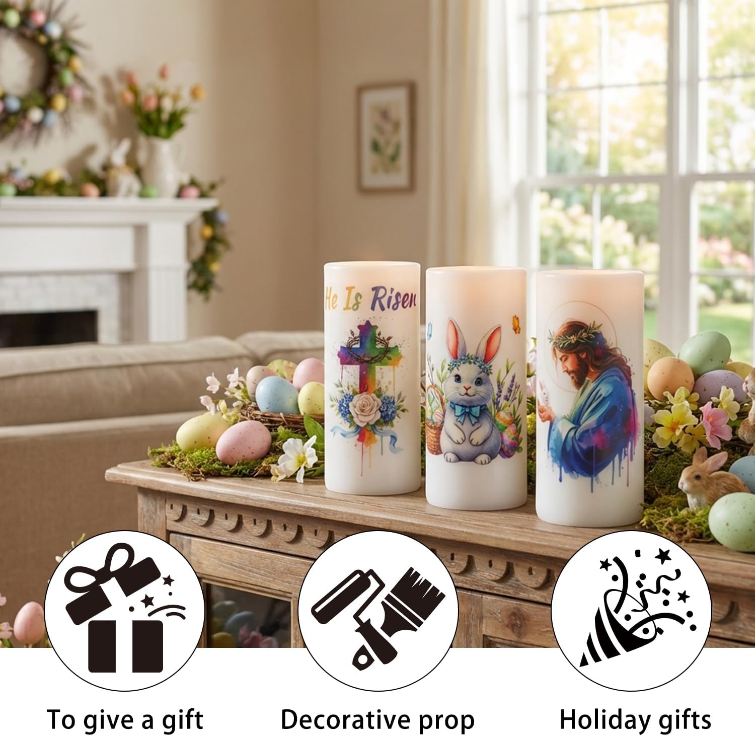 3PCS Nativity Easter Flameless Candles with Remote Control,Christian Cross Bunny LED Candles for Spring Easter Home Decor