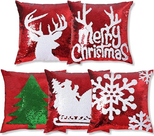 Coeufuedy Fundas de almohada reversibles de lentejuelas de 18 x 18 pulgadas, funda de almohada de lentejuelas de Navidad de color rojo mágico, funda