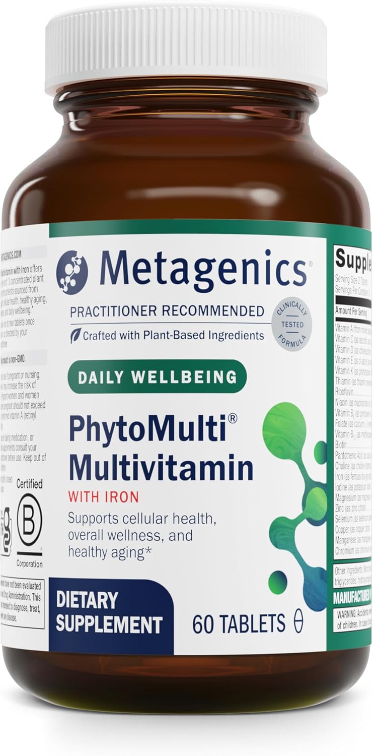 Metagenics PhytoMulti with Iron - Daily Multivitamin for Men & Women with Phytonutrients* - Methylfolate, Vitamins A‑K, Zinc & B6 - Iron Bisglycinate 18 mg - Non‑GMO, Gluten‑Free - 60 Tablets