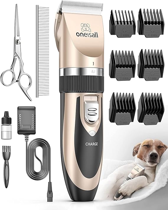 oneisall Dog Clippers Low Noise, Dog Grooming Kit with Rechargeable, Pet Shaver Cordless Electric Quiet Hair Clipper Set for Dogs Cats Pets(Gold)